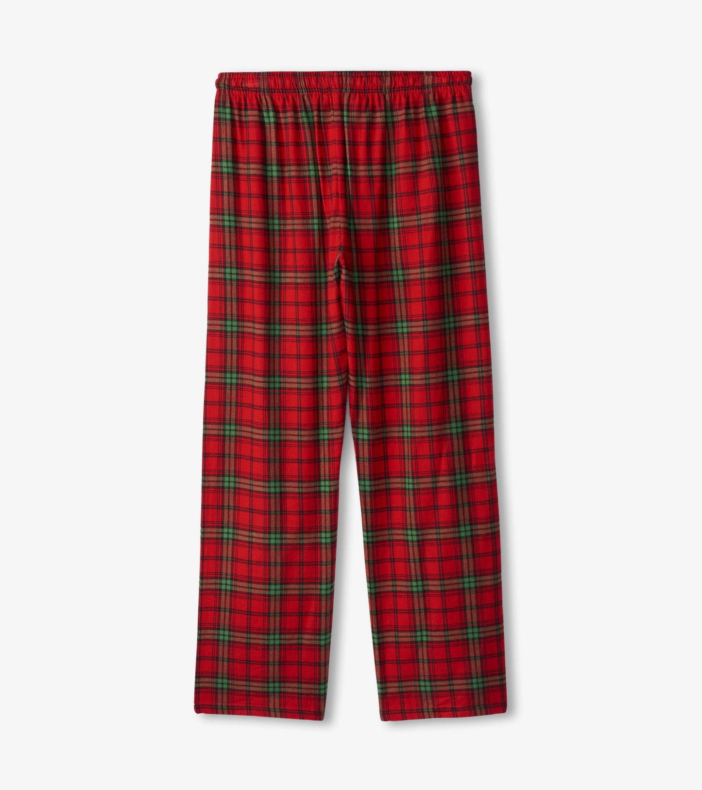 Red and green plaid flannel pajama pants with an elastic waistband, suitable for holiday lounging.