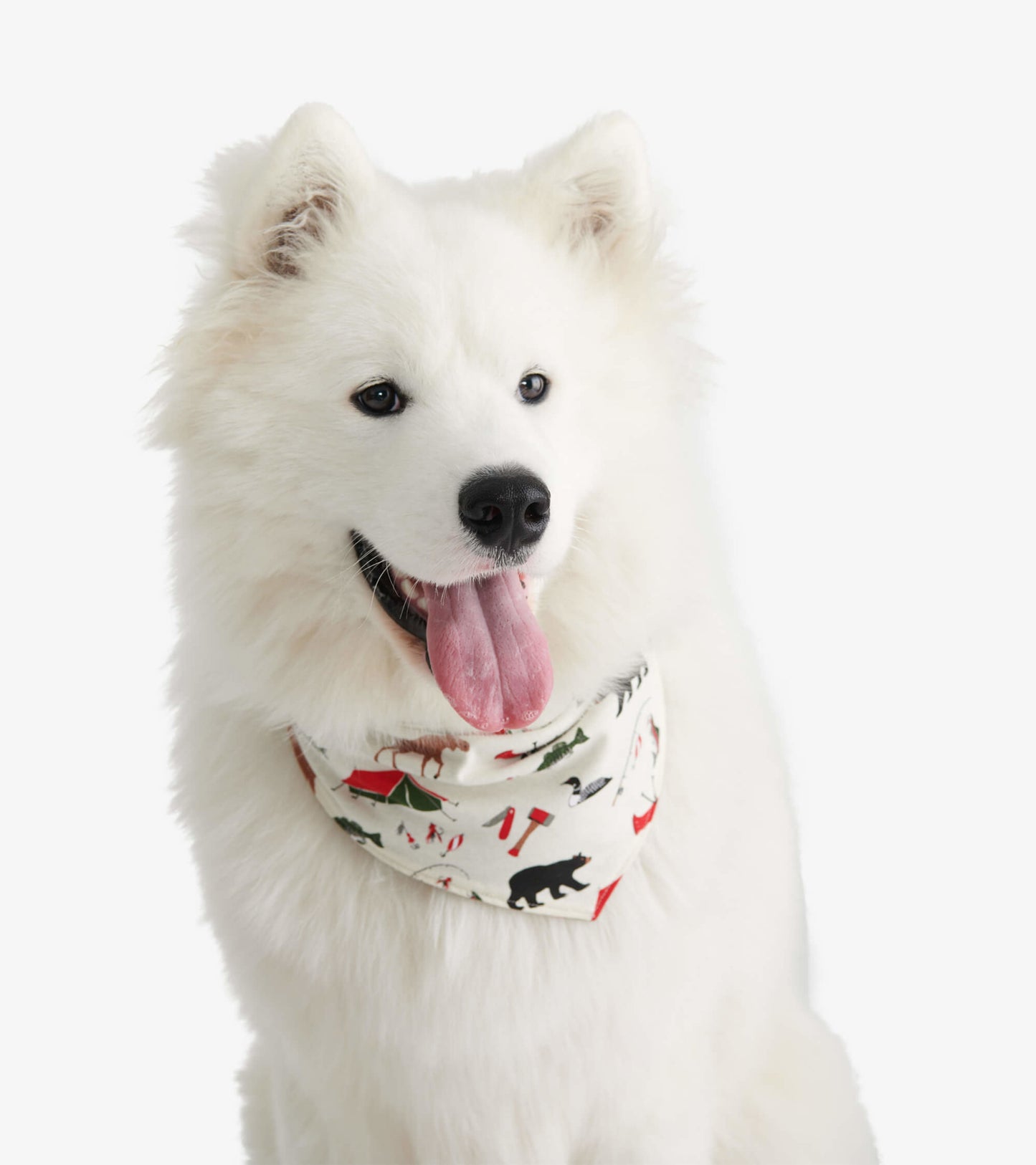 Reversible dog bandana featuring a camping-themed pattern with bears, trees, and outdoor gear on a cream background.