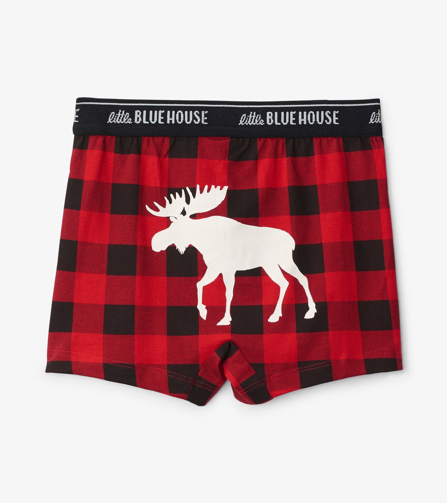 Red and black plaid boxer briefs featuring a white moose graphic on the back. Soft cotton material with an elastic waistband.