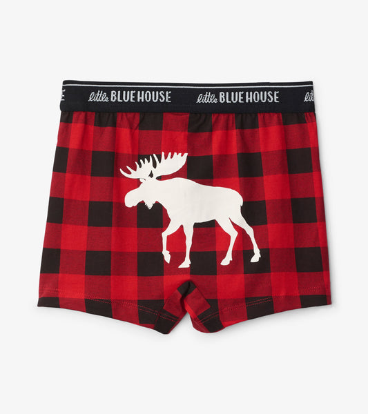 Red and black plaid boxer briefs featuring a white moose graphic on the back. Soft cotton material with an elastic waistband.
