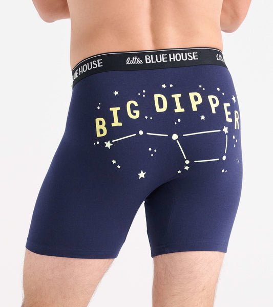 Navy blue boxer briefs featuring a "Big Dipper" constellation graphic on the back and a black waistband.