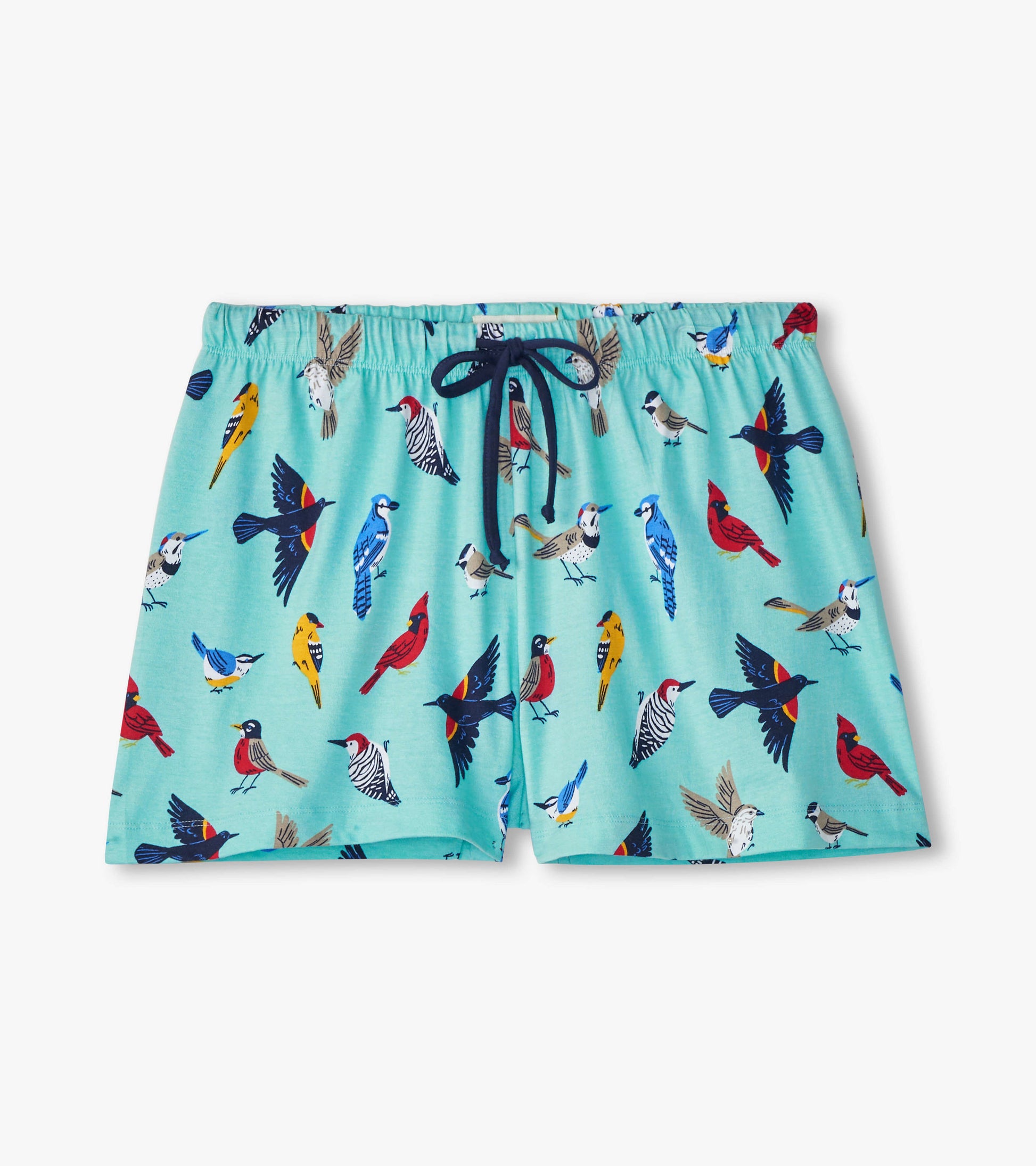 Turquoise cotton sleep shorts featuring a colorful bird print and an adjustable drawstring waist.