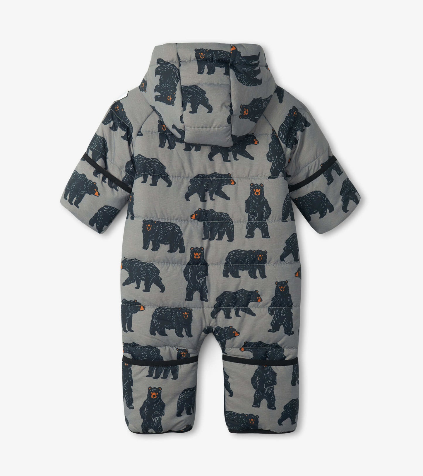 Gray baby snowsuit featuring a playful bear pattern, with a hood and short sleeves, designed for warmth and comfort.