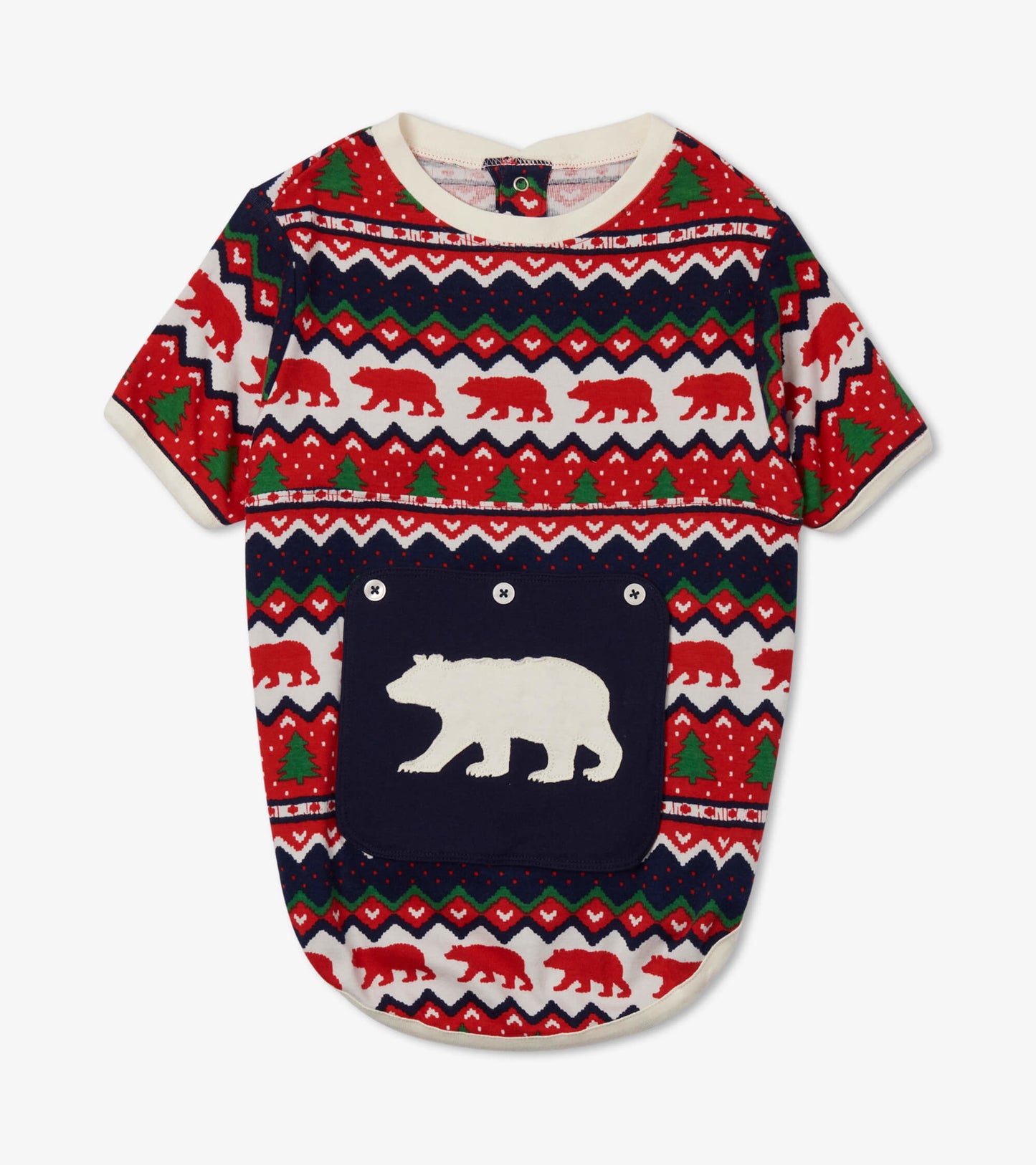 Red and navy Fair Isle patterned dog tee featuring bears and trees, with a white bear silhouette on the pocket.