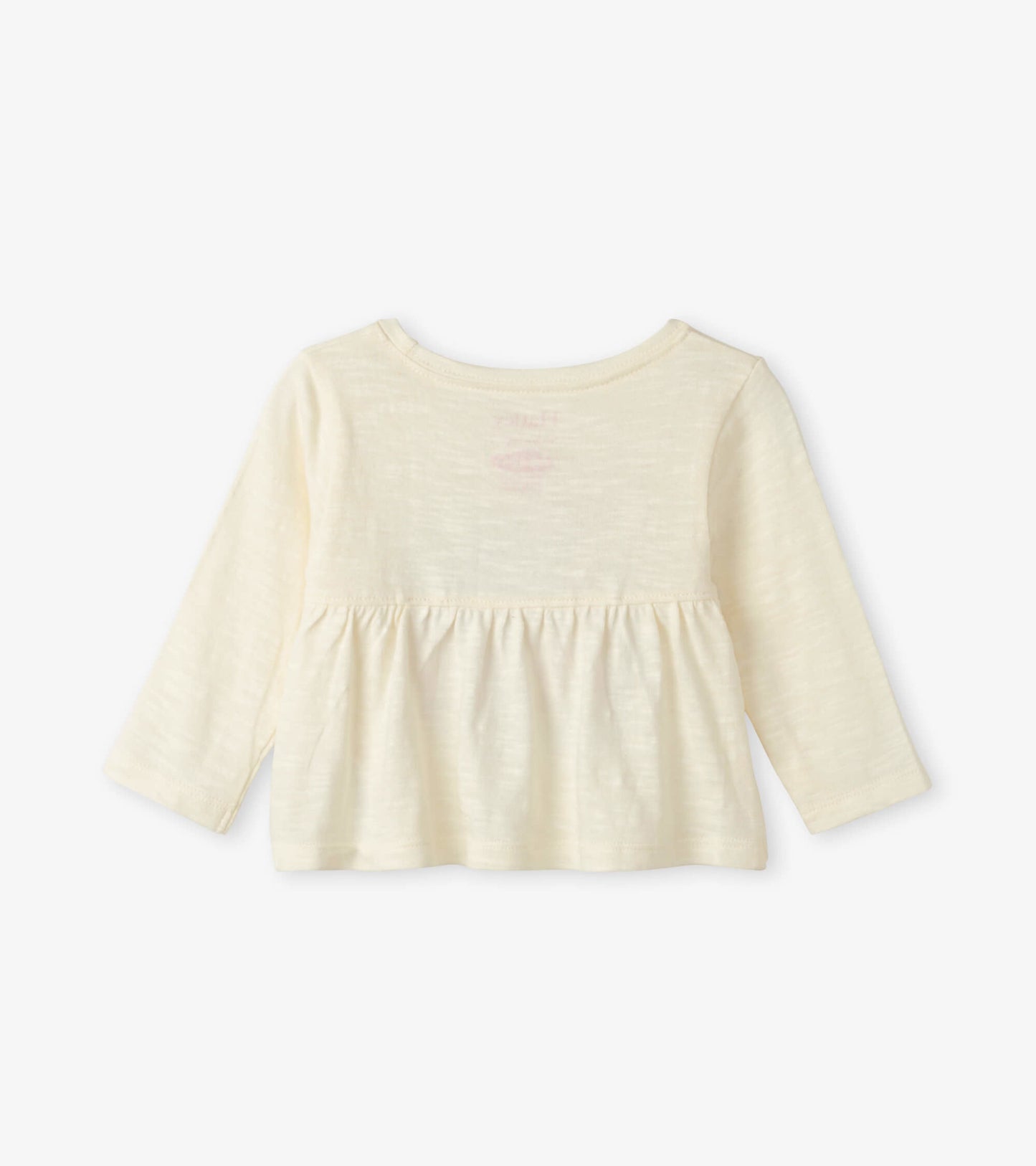 Cream long sleeve baby tee with a gathered waist and soft, lightweight fabric. Back view shows simple design.