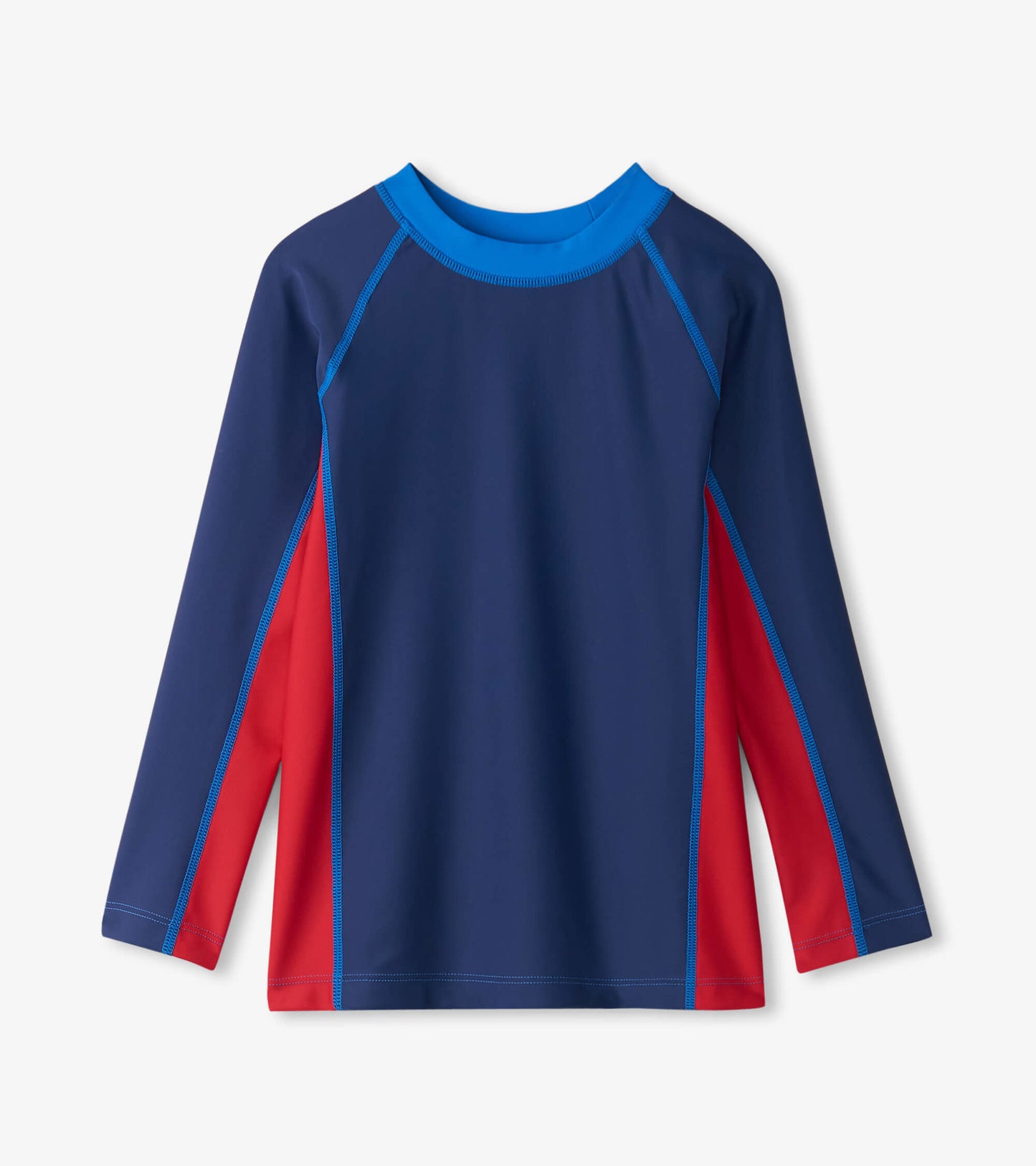 Nautical long sleeve rashguard featuring a navy body with red and blue colorblock accents.