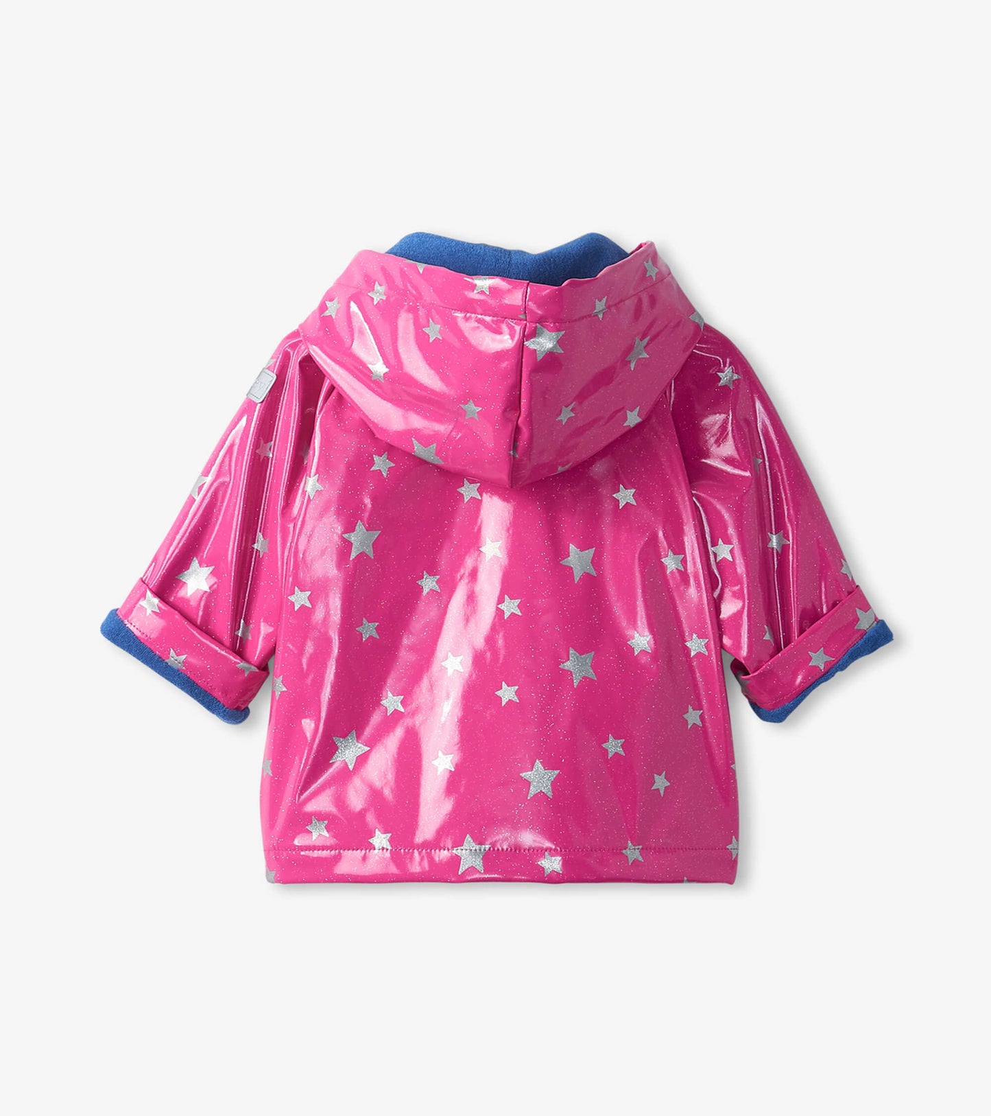 Pink glossy baby raincoat with silver glitter stars and a blue hood, featuring rolled sleeves and a back view.