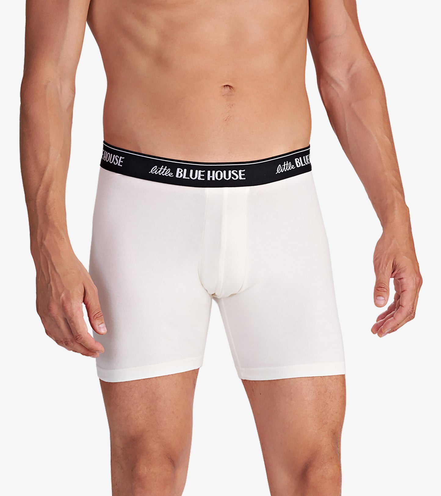 White men's boxer briefs with a black waistband, featuring a snug fit and a classic design.
