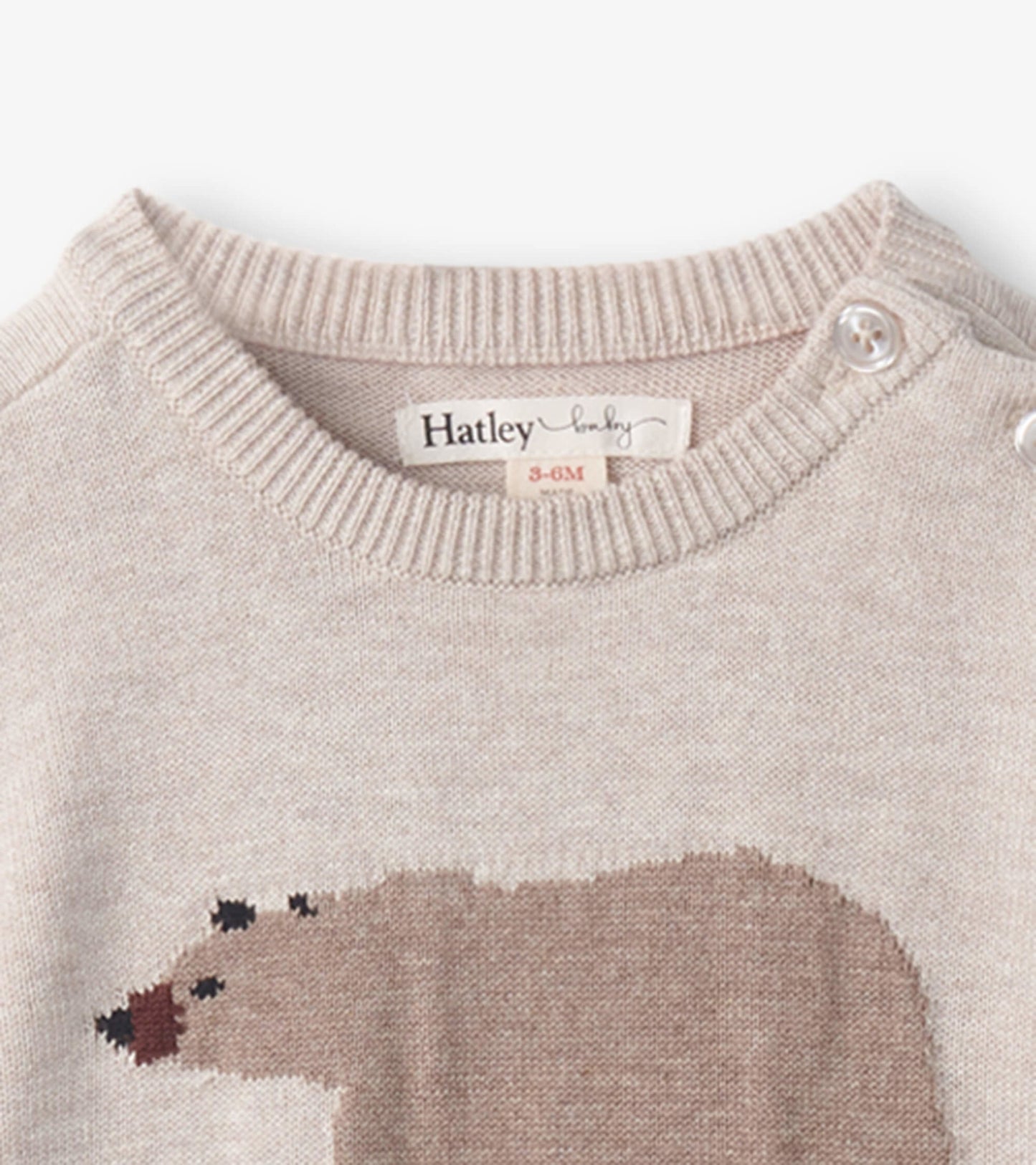 Light beige sweater onesie featuring a bear cub design, with ribbed neckline and snap buttons on the shoulder.