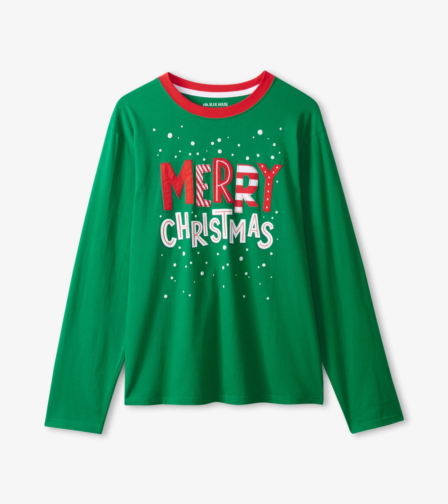 Green long sleeve t-shirt featuring "MERRY CHRISTMAS" graphic in red and white, with a red collar and festive snowflake acce…