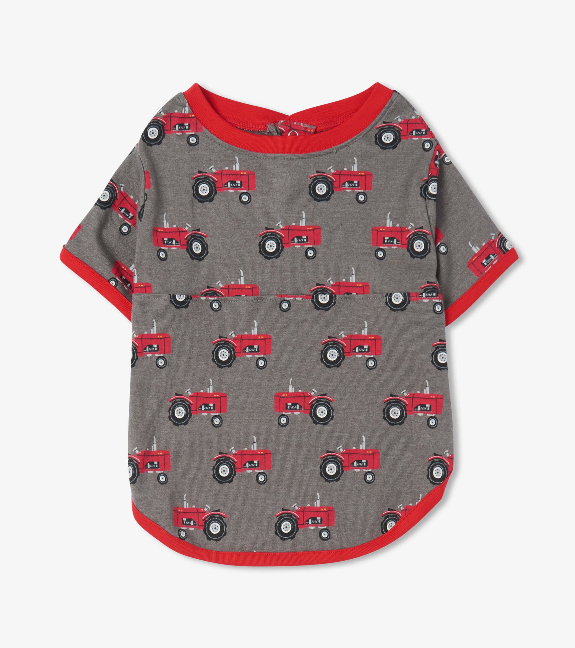 Gray dog tee featuring a playful red tractor pattern and red trim, designed for comfort and style.