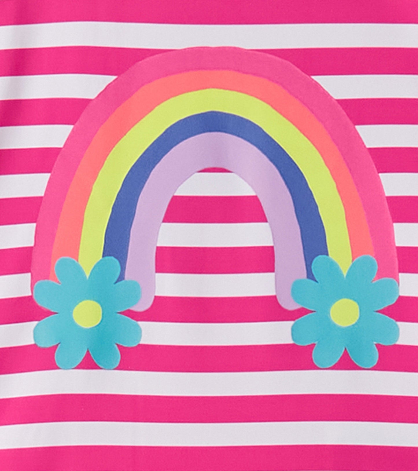 Pink and white striped rashguard featuring a colorful rainbow and blue flowers. Ideal for baby girls' swimwear.