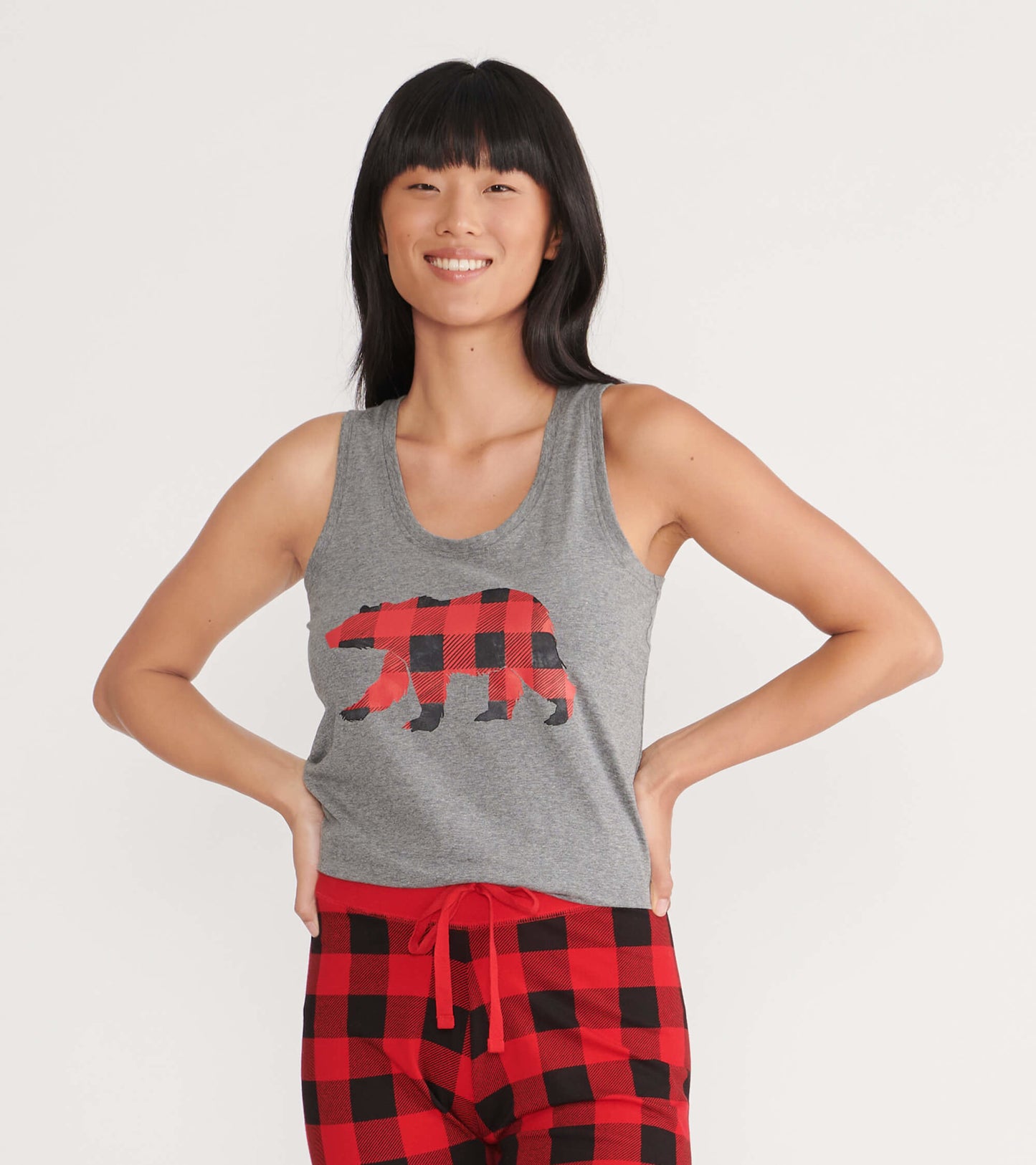 Gray tank top featuring a red and black plaid bear graphic, perfect for casual or sleepwear.