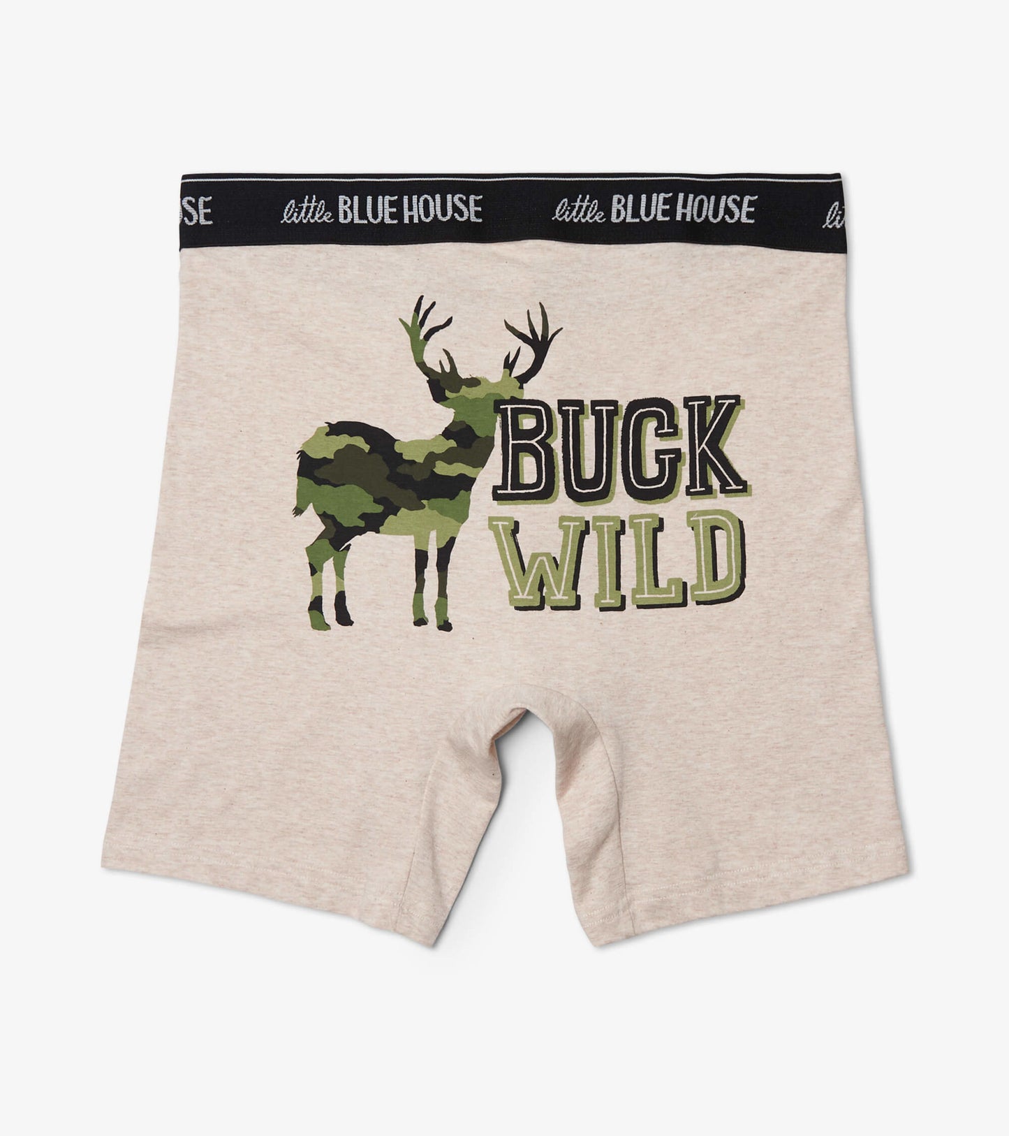 Beige boxer briefs featuring a camo deer graphic and "BUCK WILD" text, with a black elastic waistband.