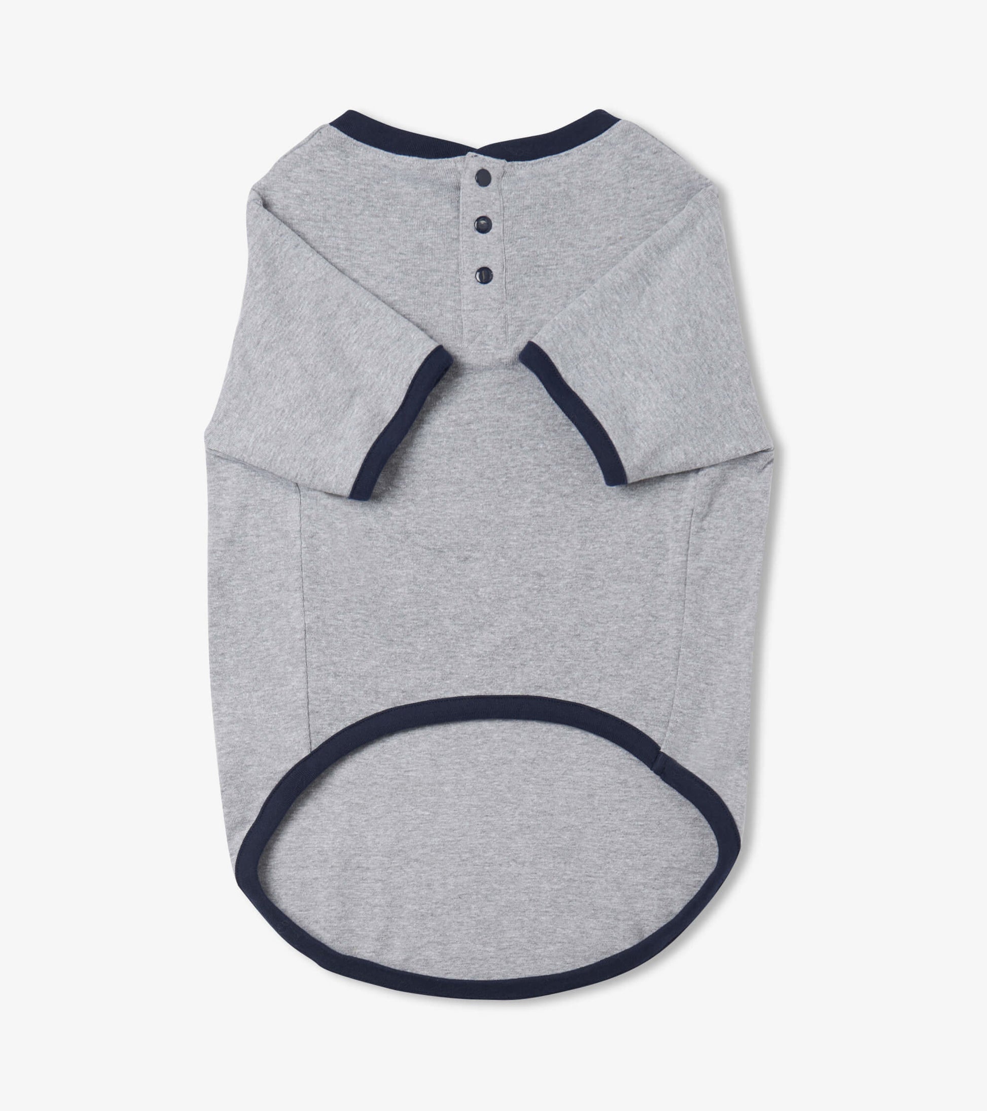 Gray dog tee with navy trim and button detail on the back, designed for comfort and style.