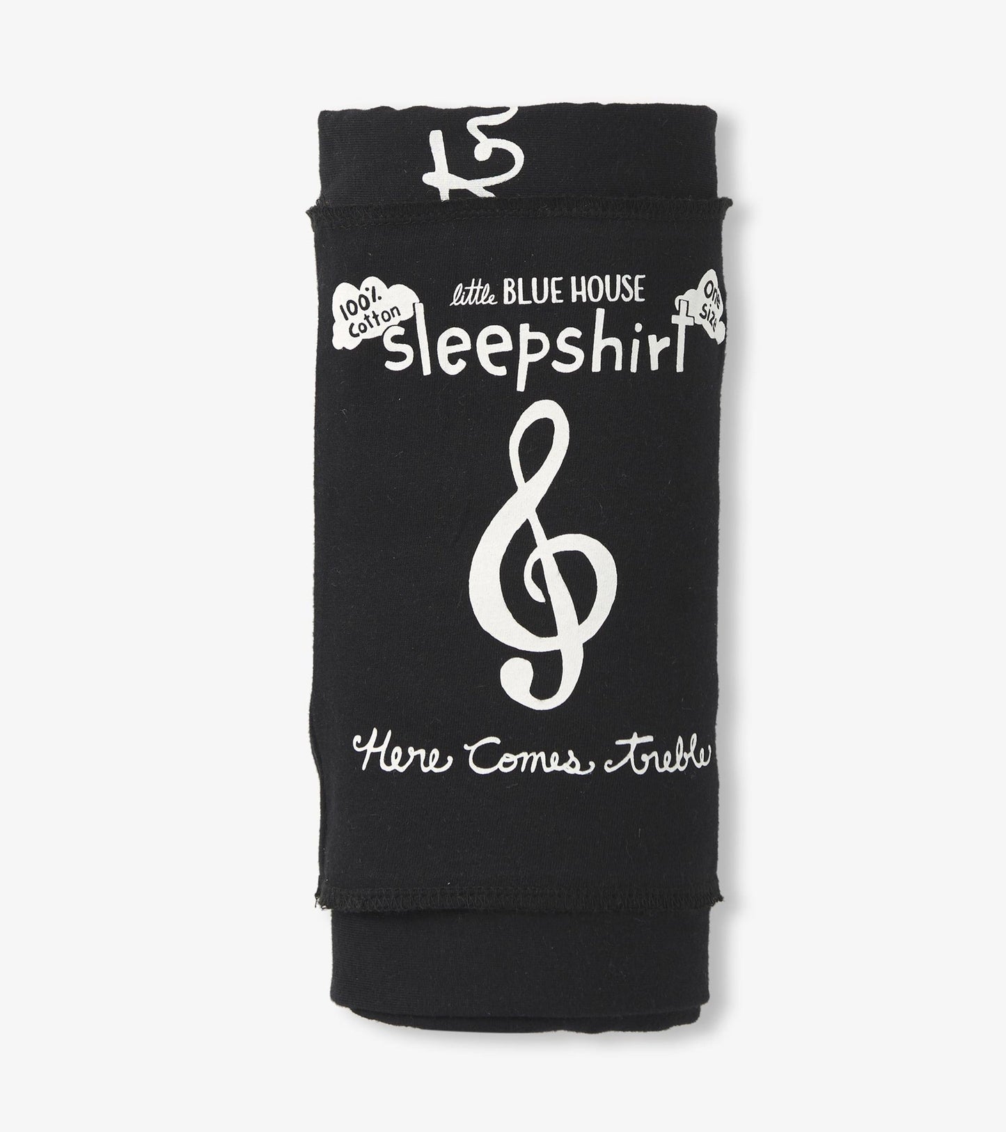 Black cotton sleepshirt featuring a musical treble clef design and text, rolled up for display. One size.