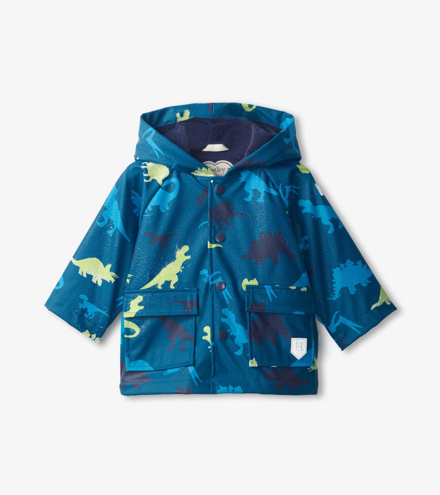 Blue raincoat featuring colorful dinosaur patterns, with a hood and front pockets, suitable for babies.