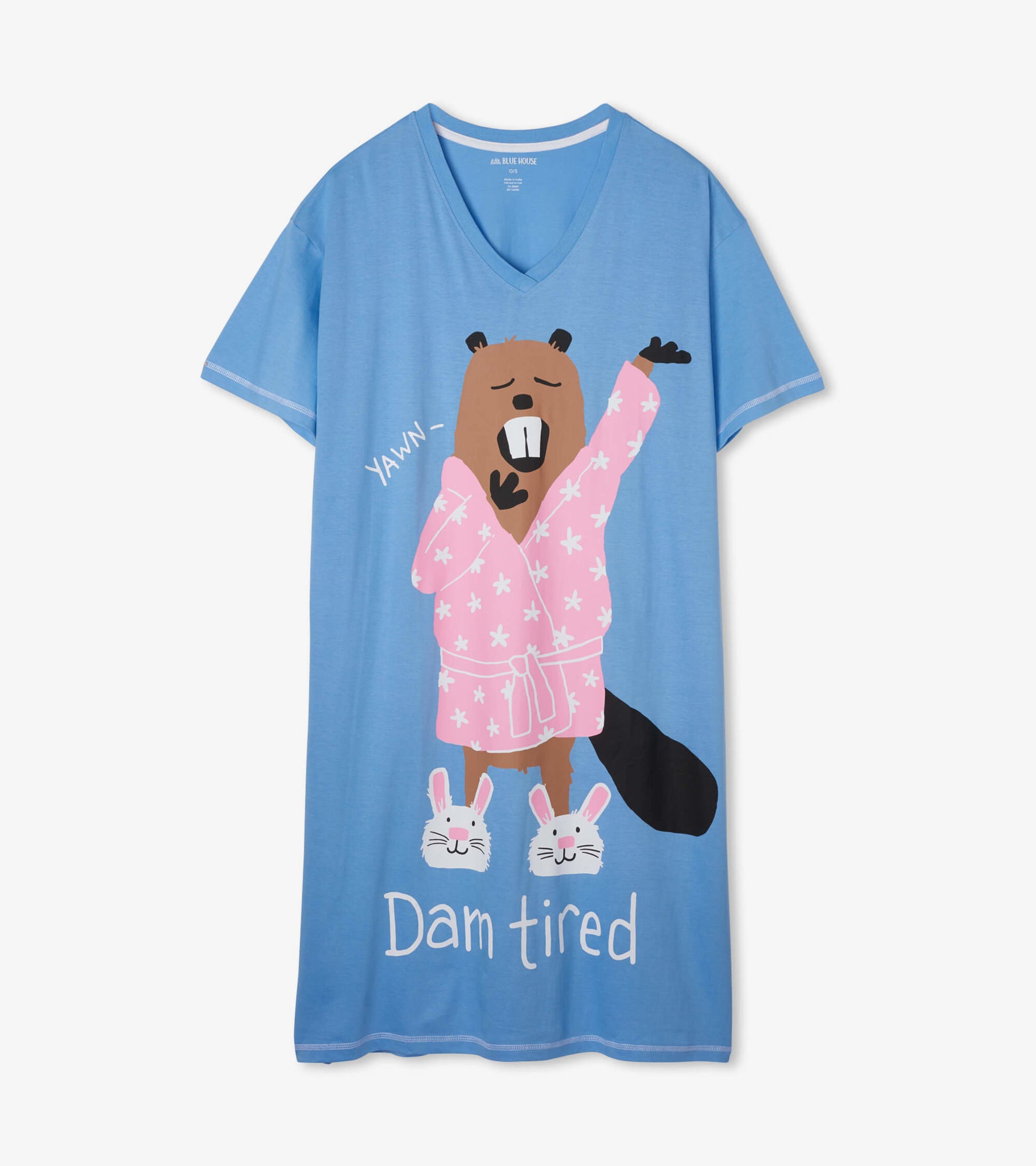 Light blue sleepshirt featuring a cartoon beaver in a pink robe with bunnies, text "Dam tired," and a V-neck design.