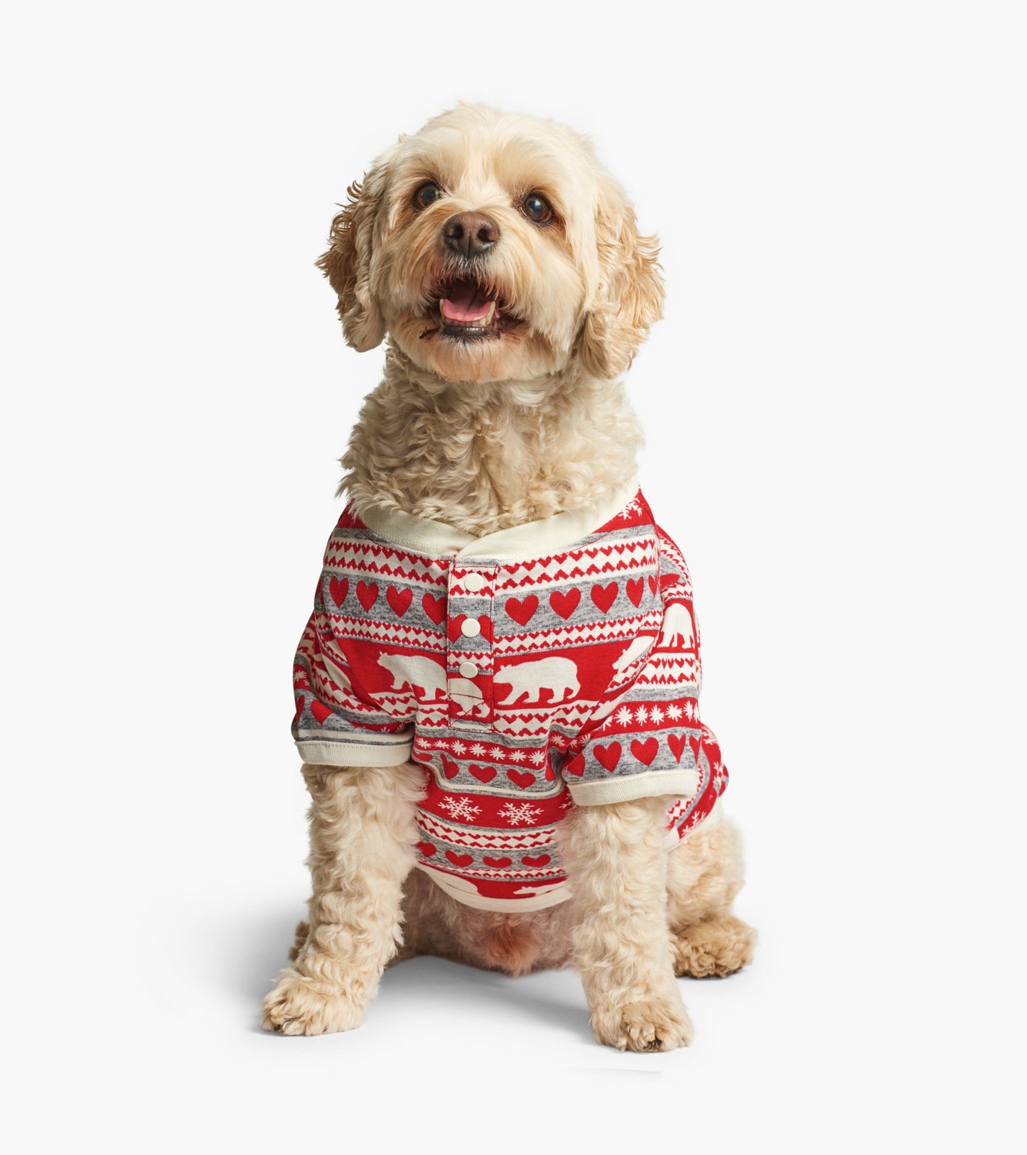 Red Fair Isle dog pajama featuring white bears and hearts, with a button-up front and short sleeves.