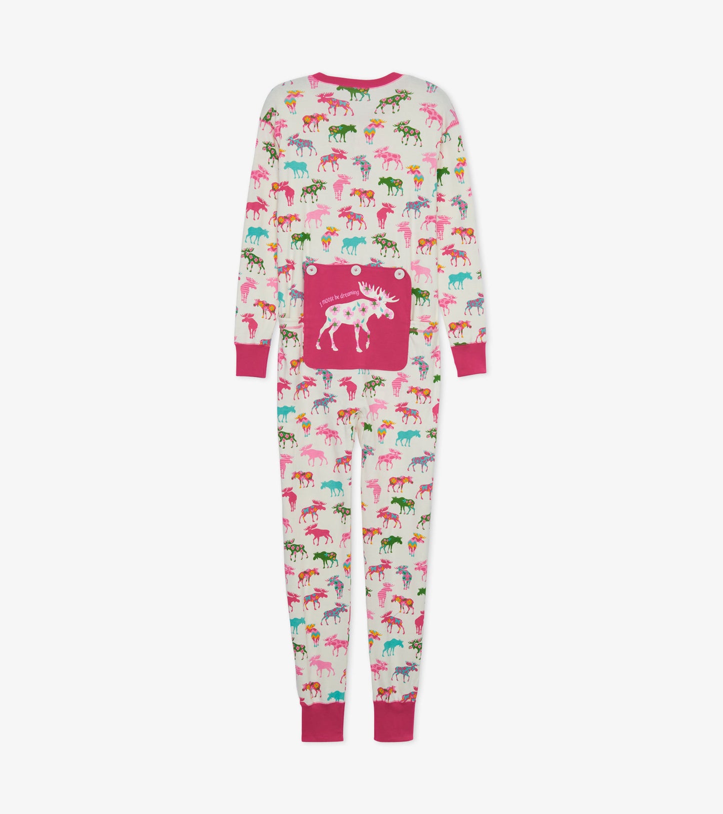 Adult onesie featuring a colorful moose pattern on a cream background with pink cuffs and a pocket.
