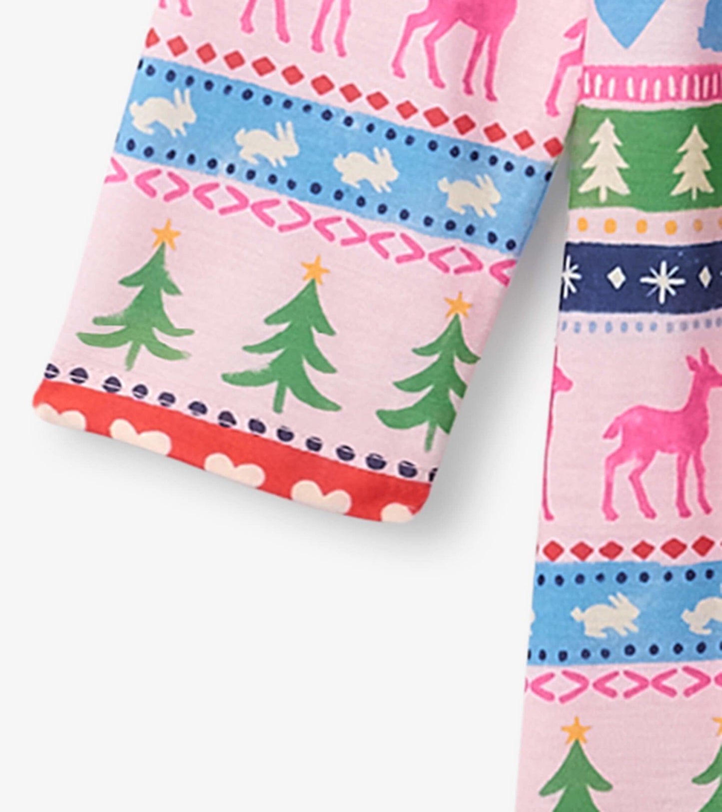 Pink long sleeve nightgown featuring a Fairisle pattern with trees, bunnies, and deer in vibrant colors.