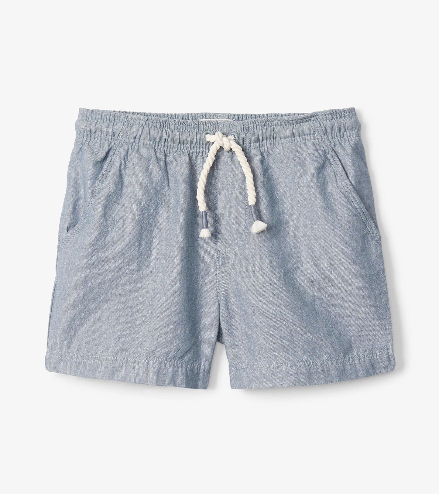 Light blue chambray pull-on shorts with an elastic waistband and drawstring, featuring side pockets.