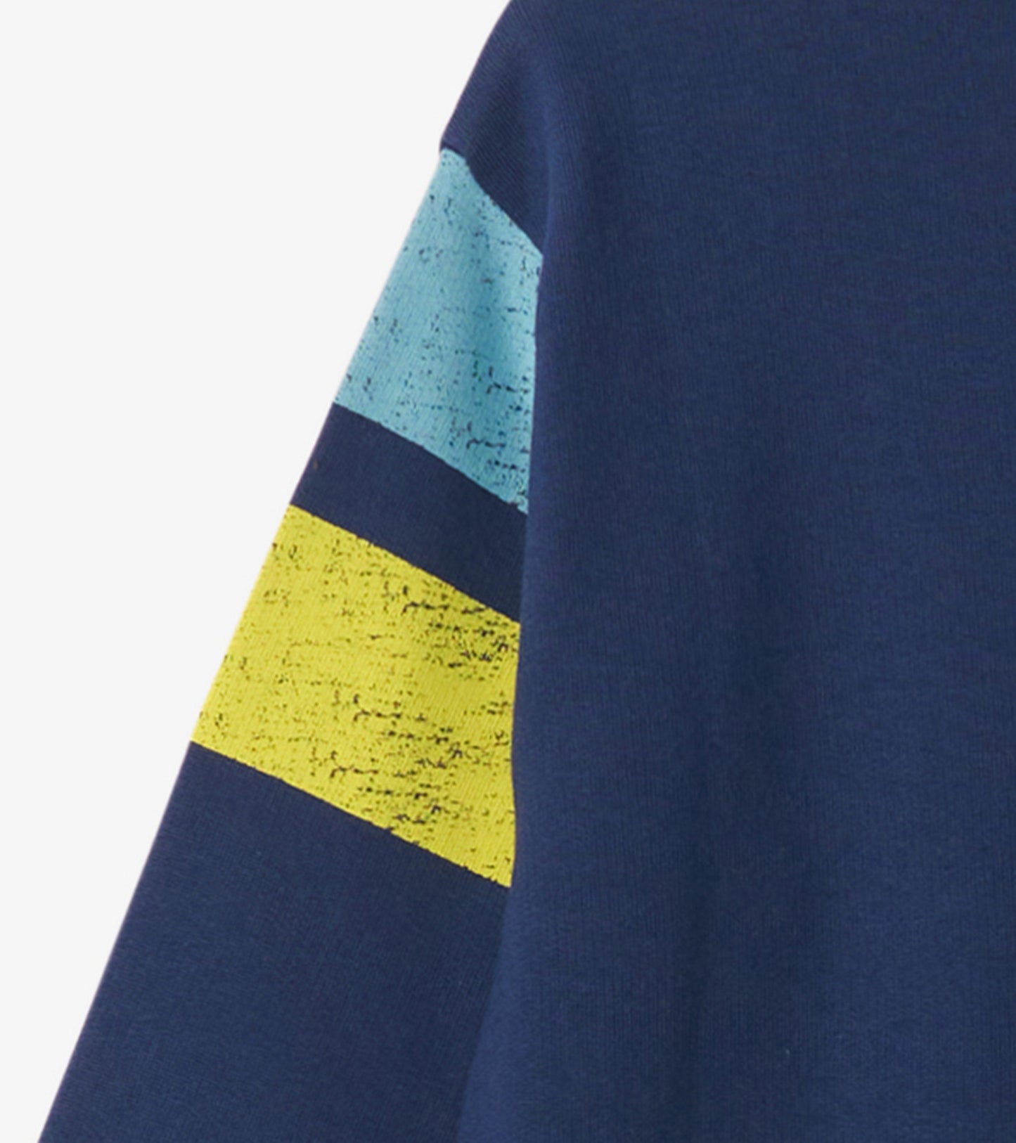 Navy pullover sweatshirt featuring colorful stripes in blue and yellow on the sleeves, ideal for casual wear.