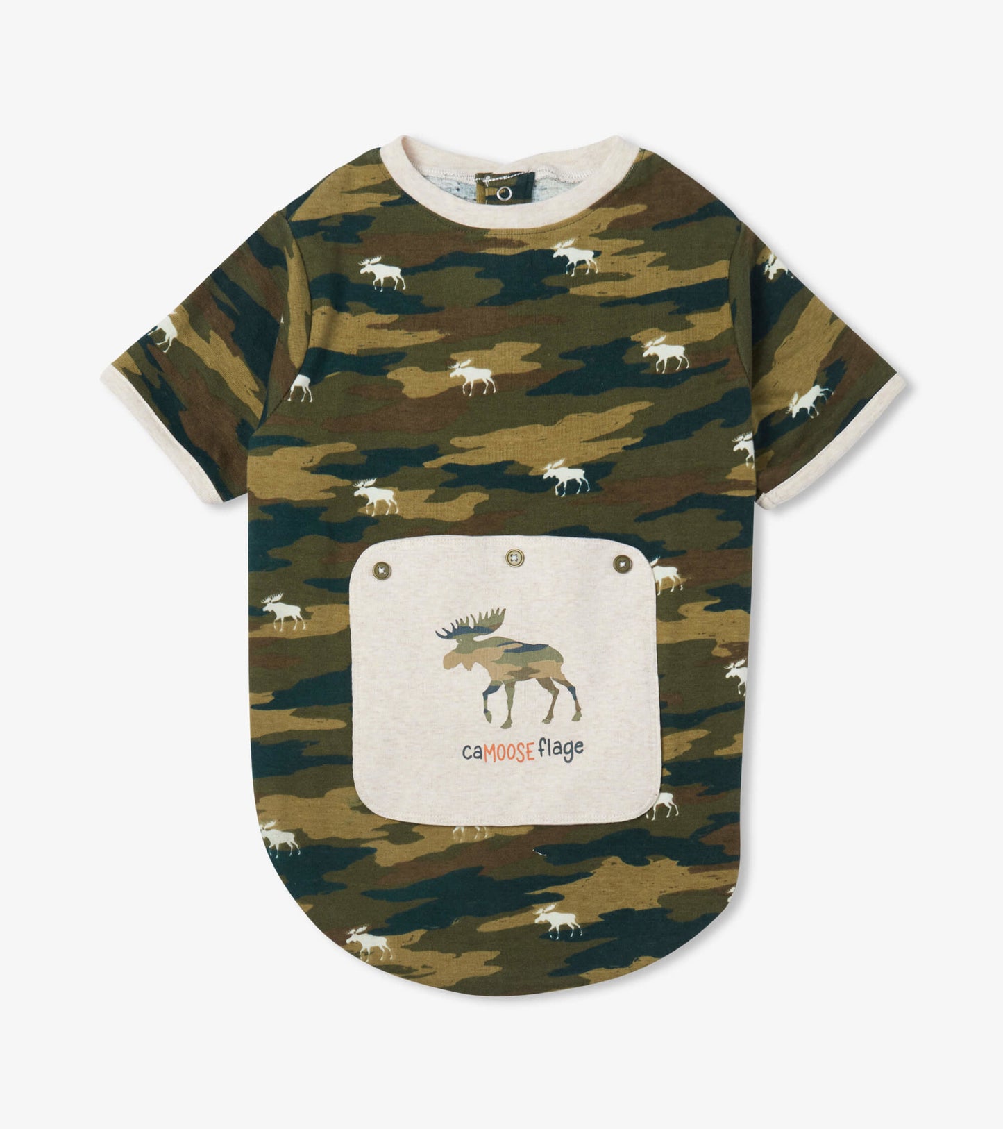 Camo-patterned dog tee in green and brown with a moose graphic on a cream pocket. Short sleeves and round neckline.