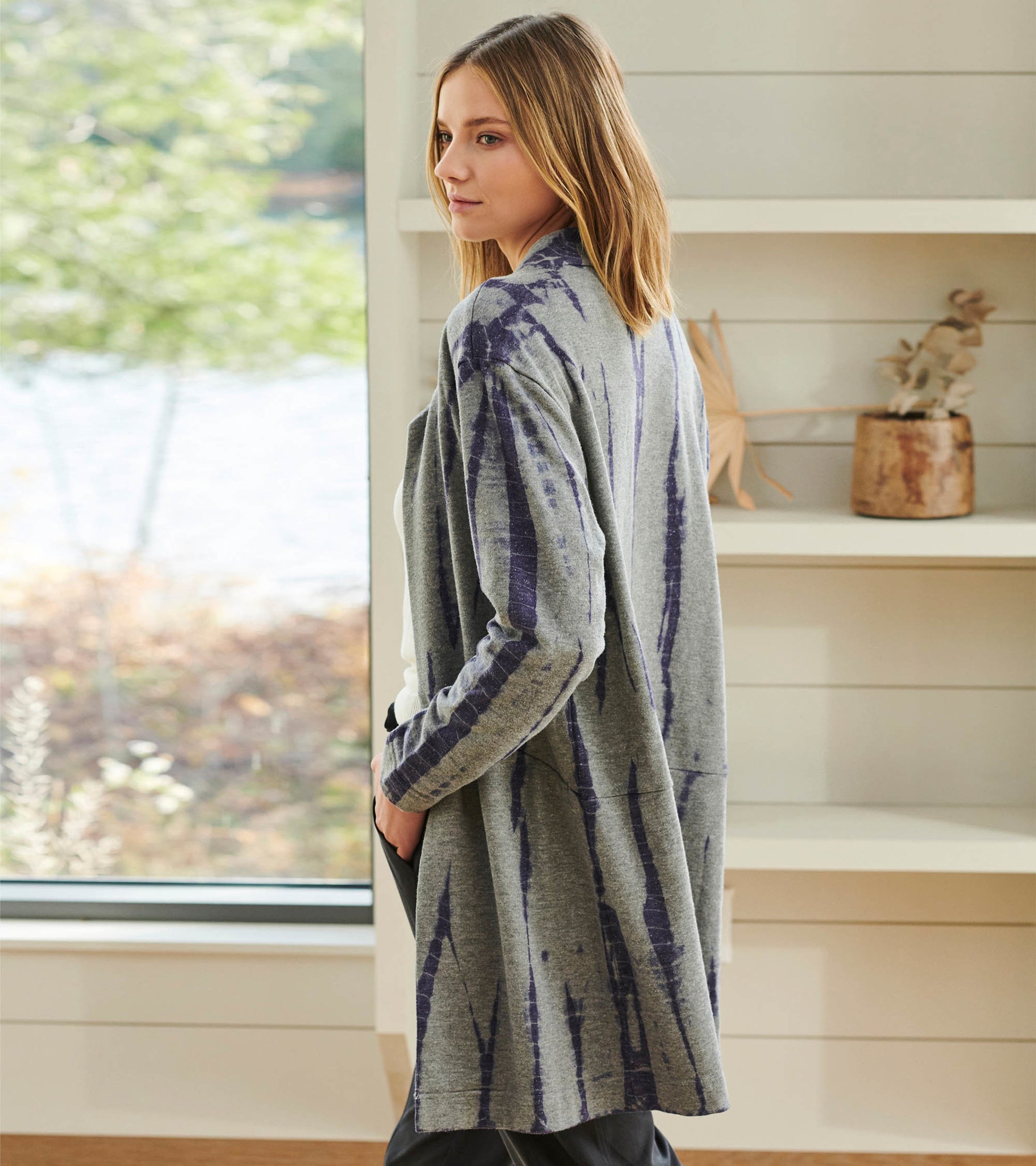 Long, open-front cardigan in gray with storm tie-dye pattern in purple, featuring a relaxed fit and side pockets.