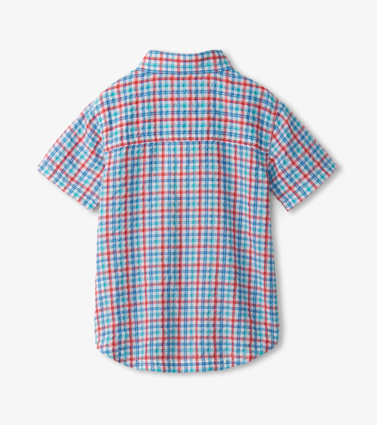Short-sleeve button-down shirt in a blue, red, and white check pattern, featuring a classic collar and curved hem.