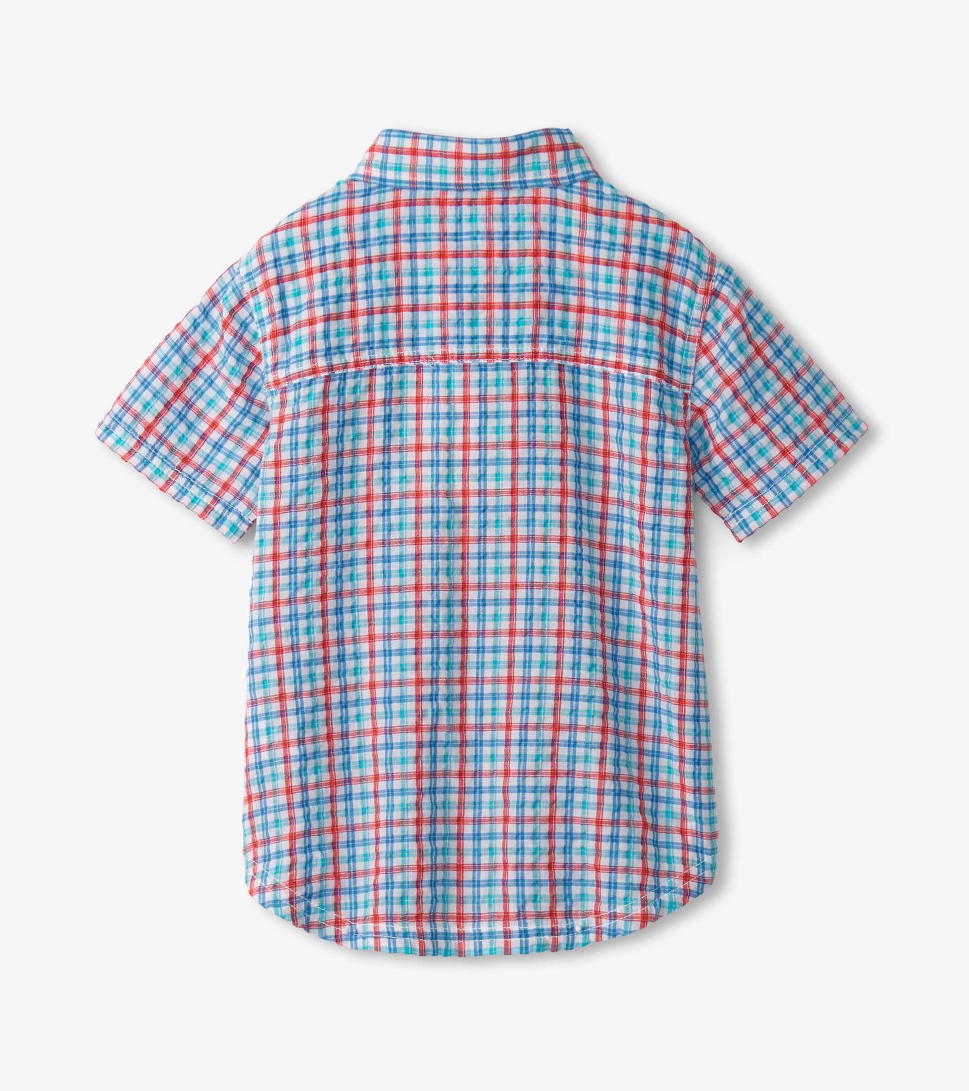 Short-sleeve button-down shirt in a blue, red, and white check pattern, featuring a classic collar and curved hem.