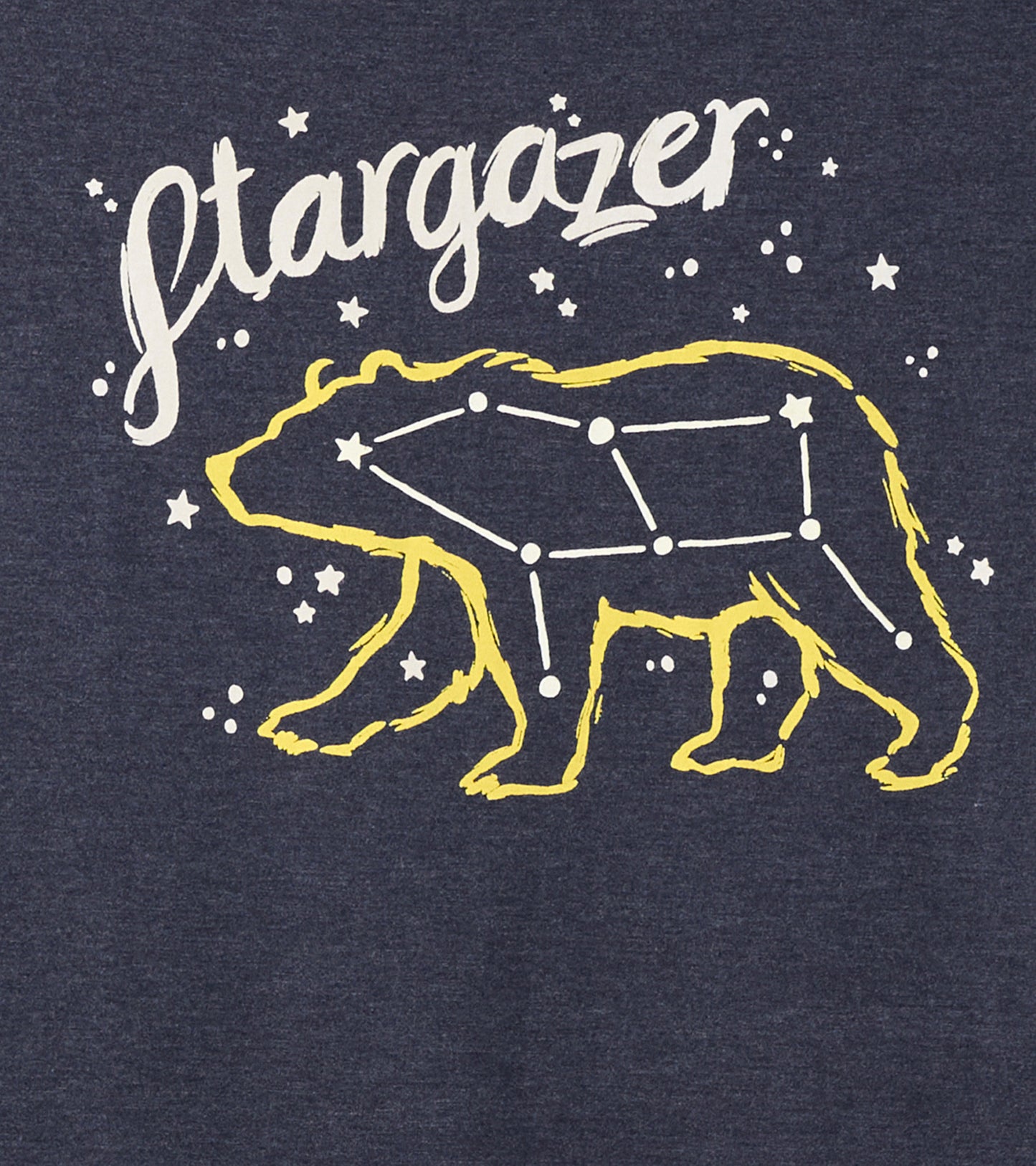 Navy pajama t-shirt featuring a bear silhouette with constellation and star graphics in white and yellow.