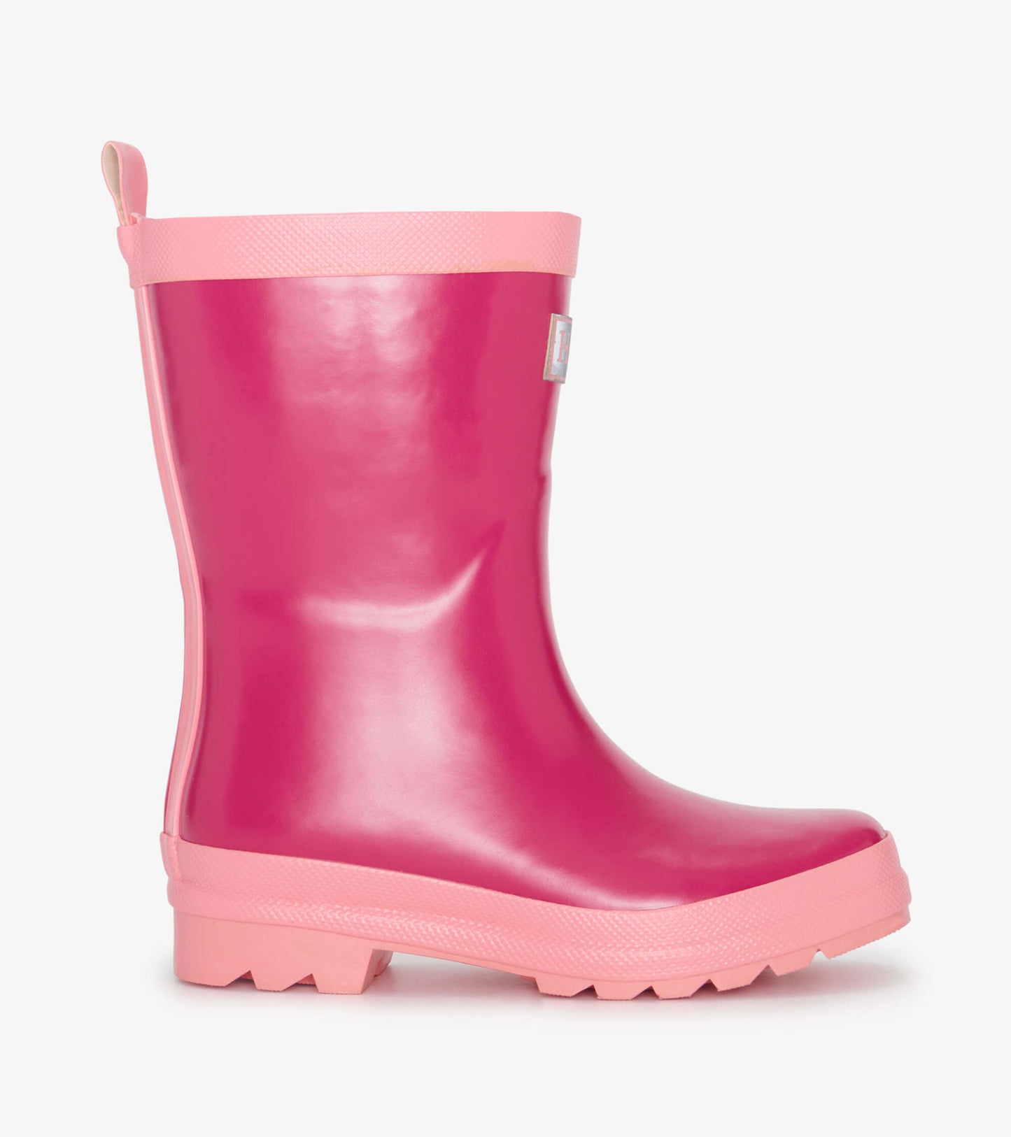 Pink shiny rain boots with a textured pink sole and a pull tab at the back, designed for kids.