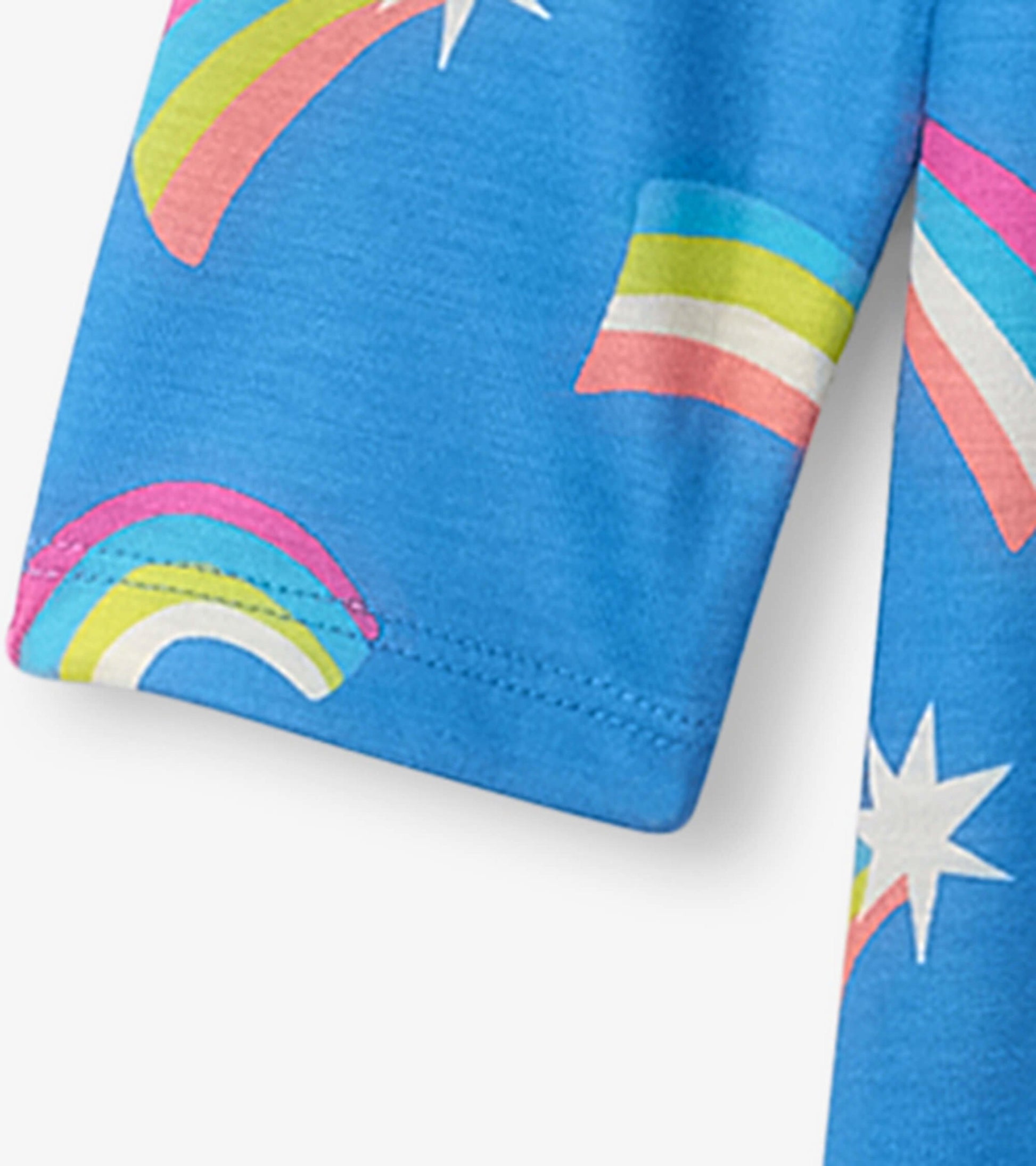 Blue long sleeve nightgown featuring colorful rainbows and stars, made from soft fabric, ideal for girls' sleepwear.