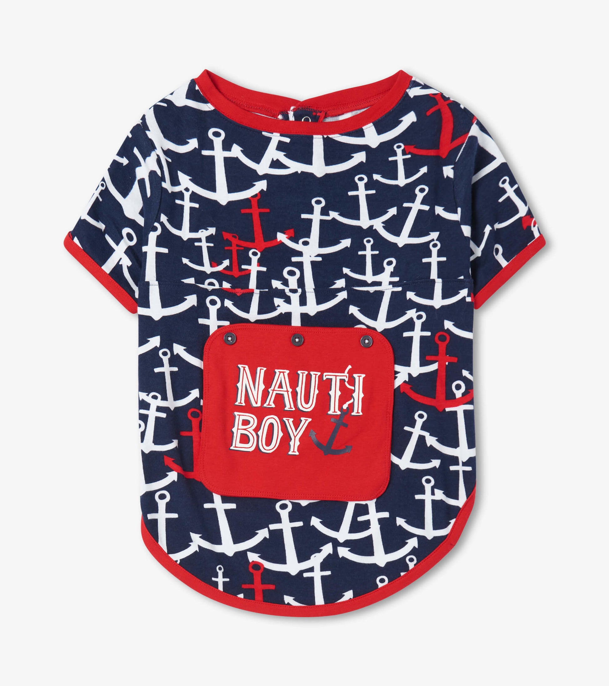 Navy dog tee featuring a white and red anchor pattern with a red pocket displaying "NAUTI BOY" in white lettering.