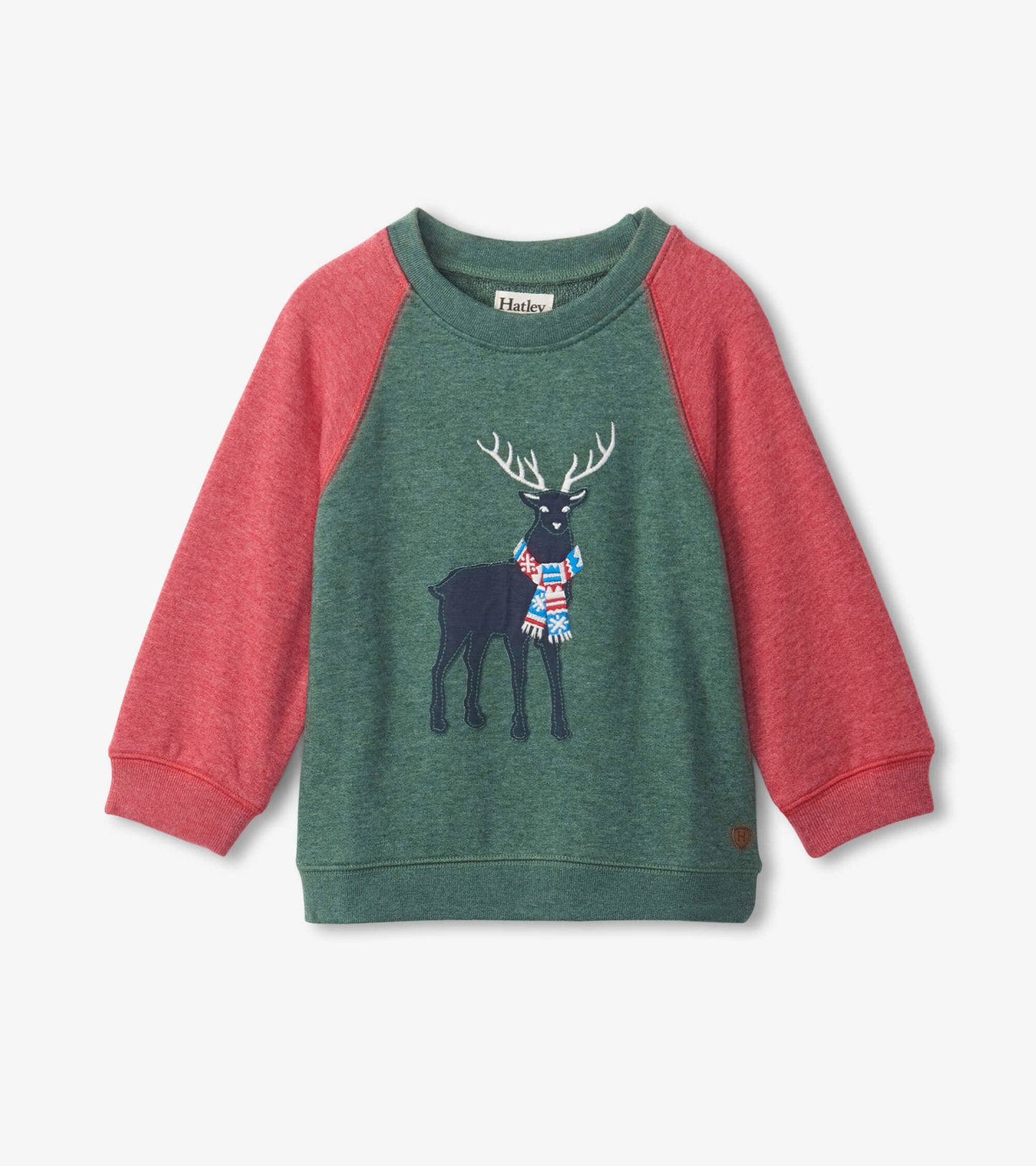 Green pullover sweatshirt with red sleeves featuring a black stag wearing a colorful scarf.