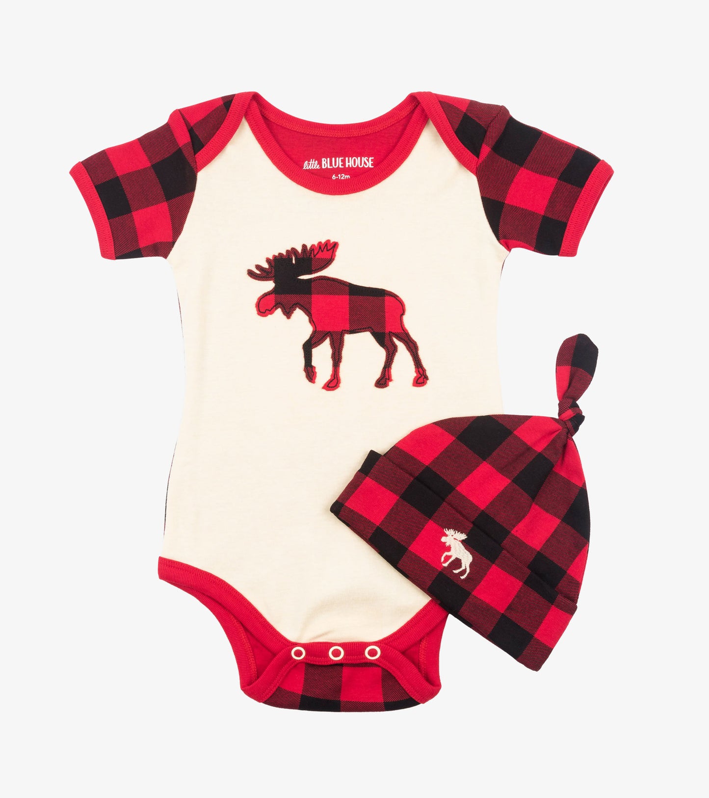 Red and black plaid baby bodysuit with moose graphic, paired with a matching plaid hat. Suitable for infants.