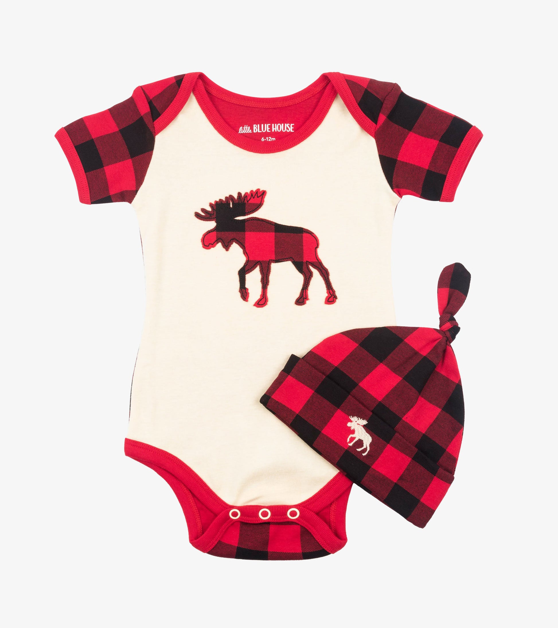 Red and black plaid baby bodysuit with moose graphic, paired with a matching plaid hat. Suitable for infants.