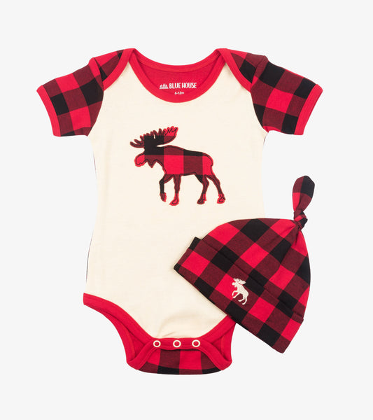 Red and black plaid baby bodysuit with moose graphic, paired with a matching plaid hat. Suitable for infants.