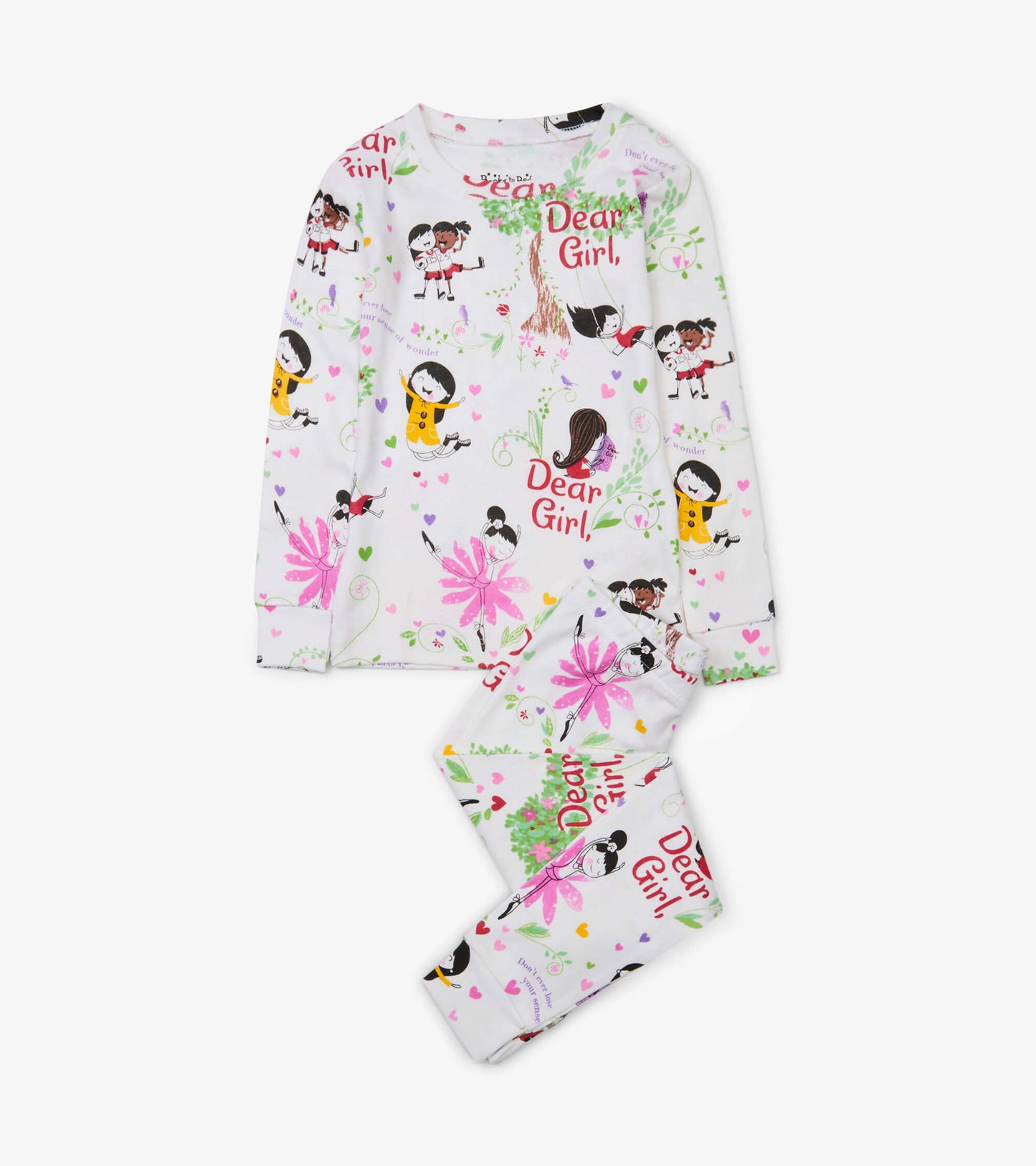 Long-sleeve pajama set featuring a colorful "Dear Girl" print with playful illustrations on a white background.