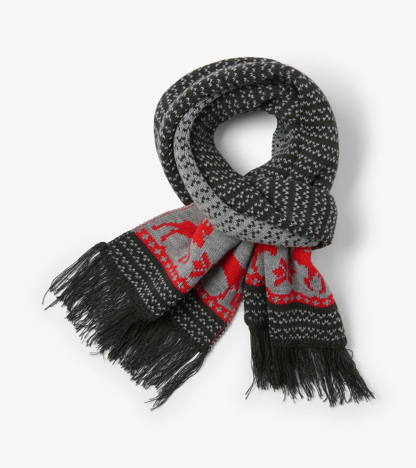 Red and gray patterned scarf with moose design and fringed ends, ideal for winter wear.