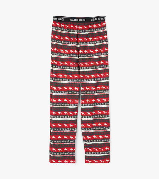 Red stretch cotton pajama pants featuring a Fair Isle moose pattern with gray and white stripes.
