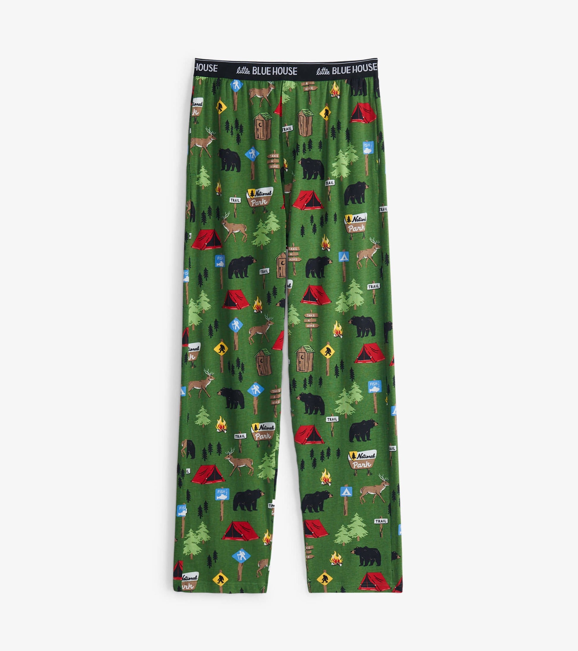 Green cotton pajama pants featuring a camping-themed print with bears, tents, and trees. Elastic waistband visible.
