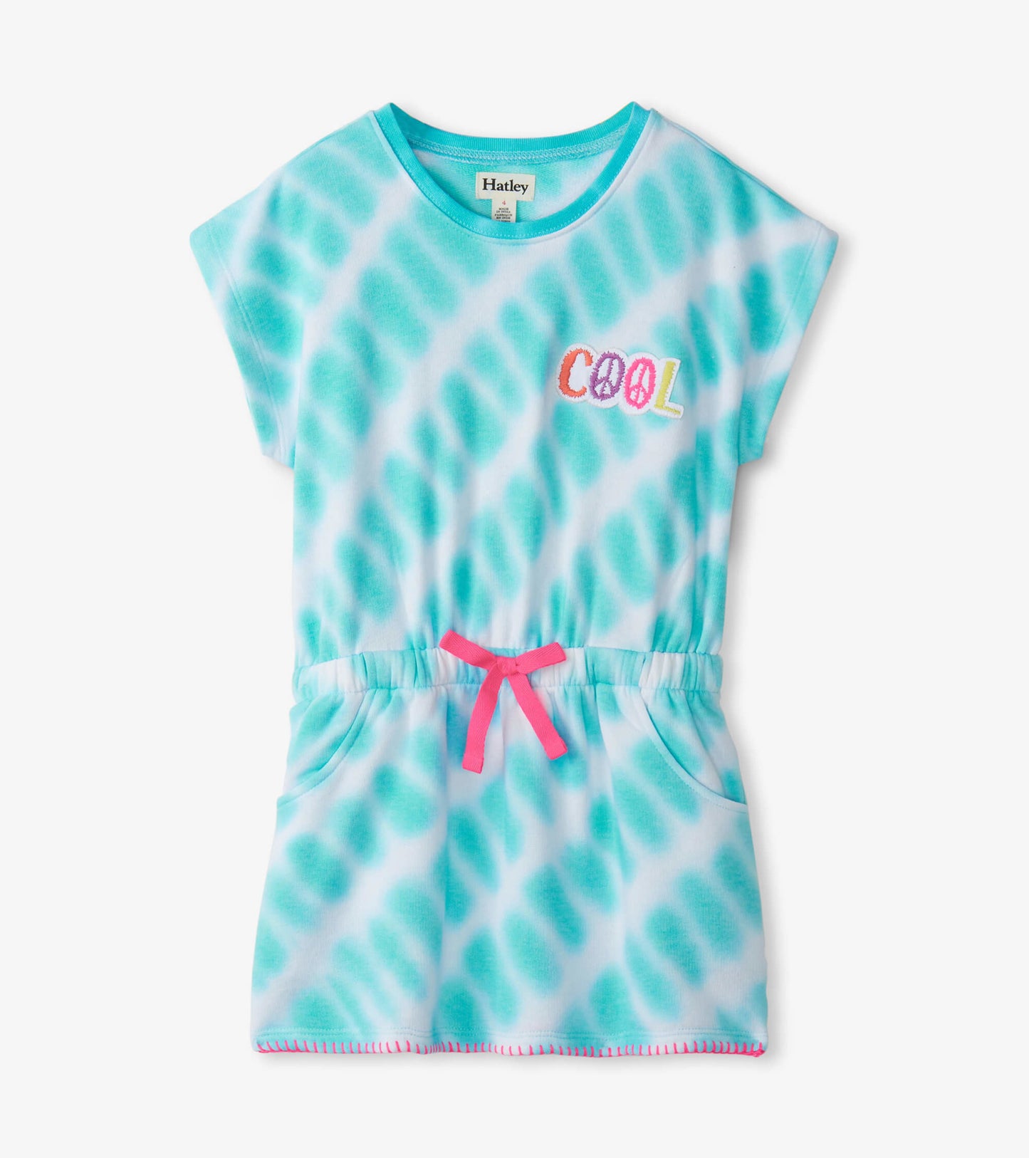 Light blue pull-on dress with a tie waist, featuring a colorful "COOL" design and pockets. Ideal for casual wear.