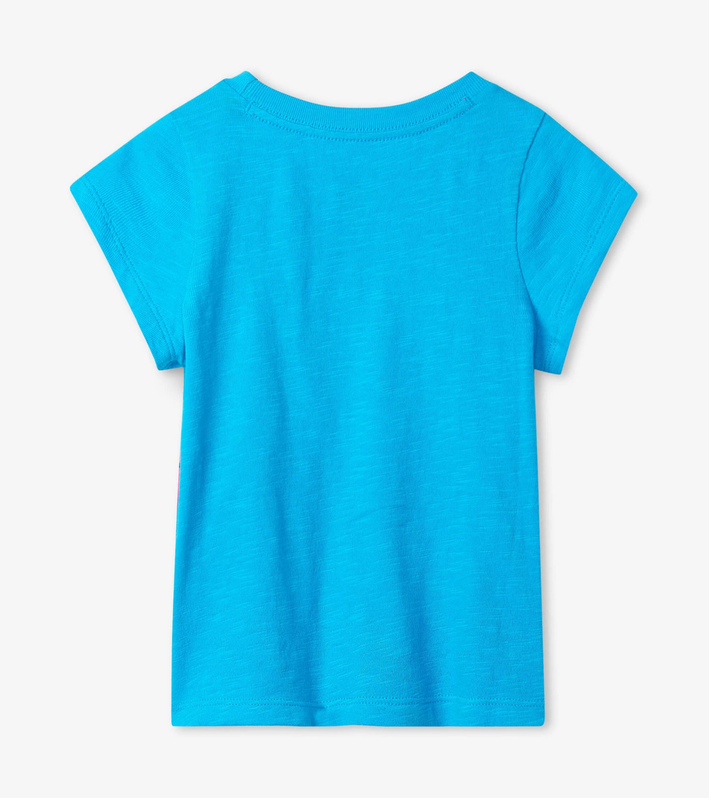 Bright blue short-sleeve graphic tee with a round neckline, showcasing a smooth, lightweight fabric.