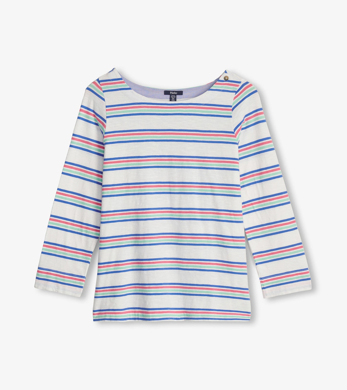 Long-sleeve top featuring a white base with colorful horizontal stripes in blue, pink, and green. Round neckline with button…