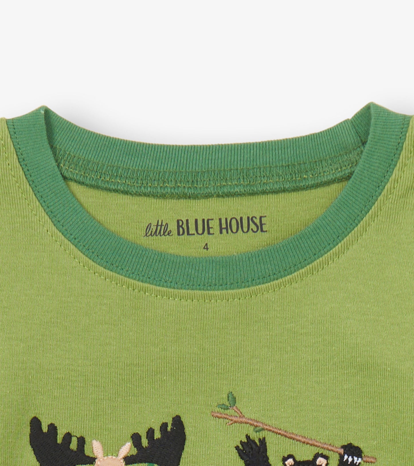 Green kids' pajama top featuring playful animal embroidery and a ribbed neckline. Suitable for bedtime wear.