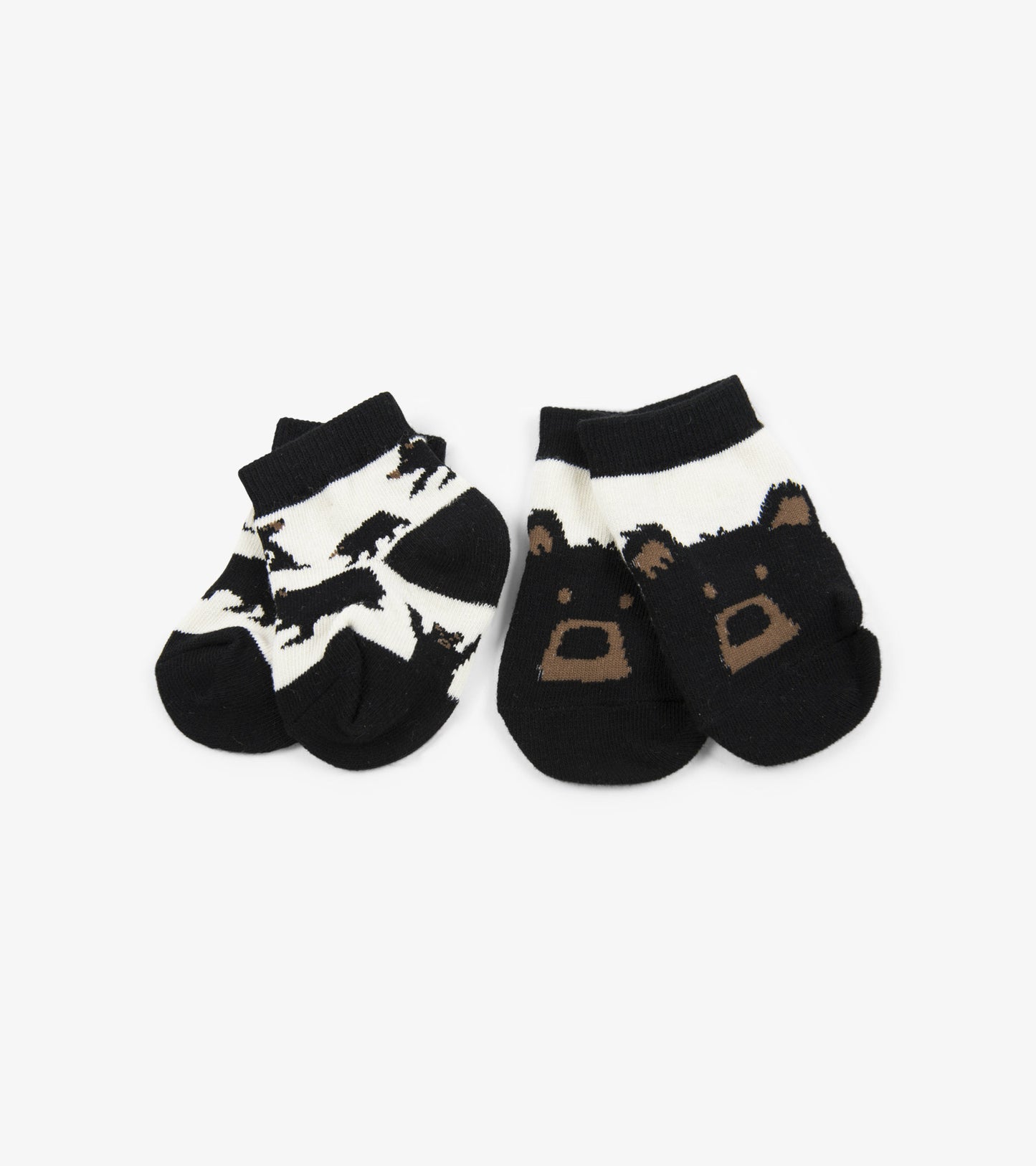 Black and white baby socks featuring bear patterns, made from soft material, suitable for infants.