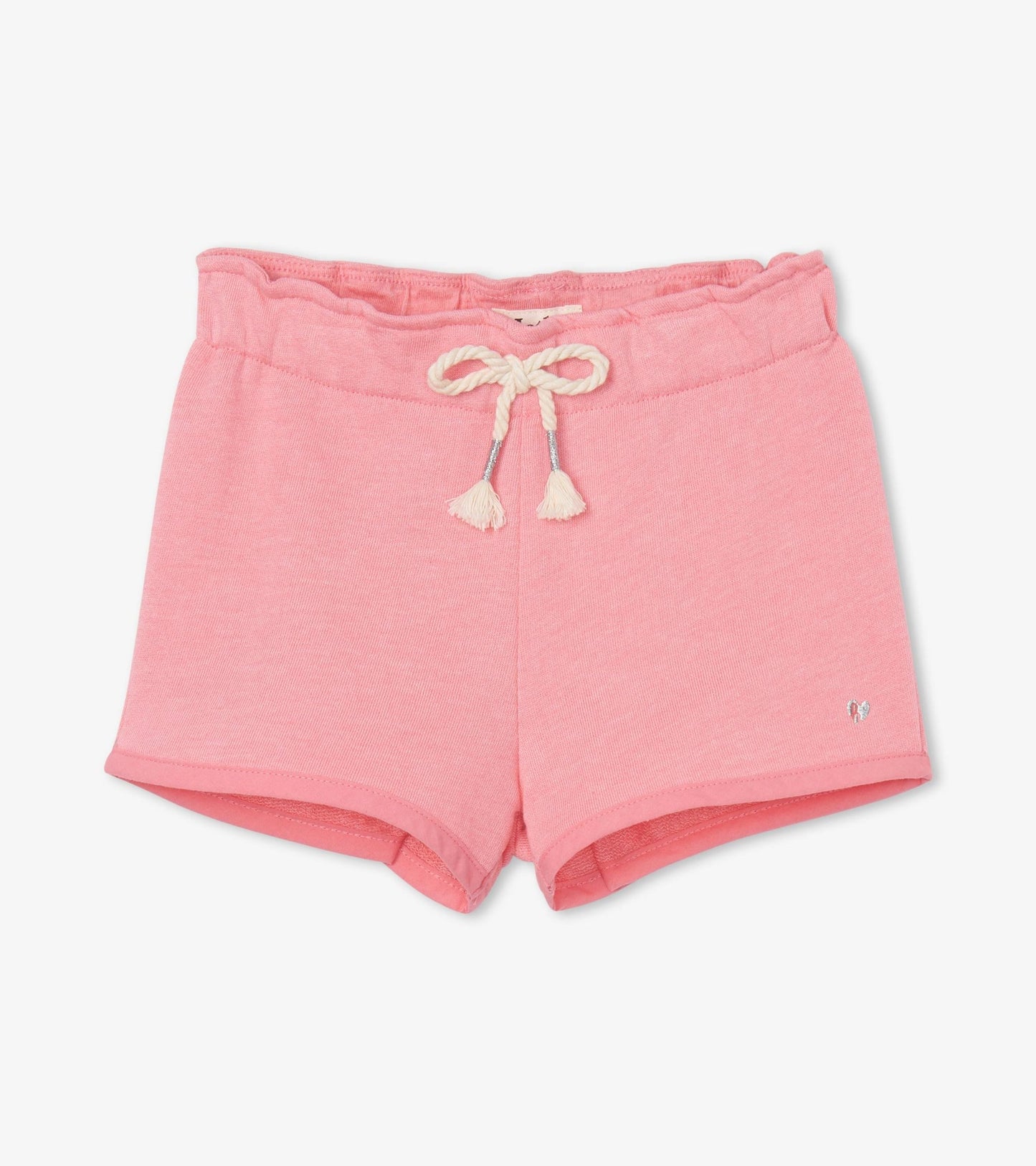 Pink paper bag shorts with a drawstring waist and tassel details, made from soft material.