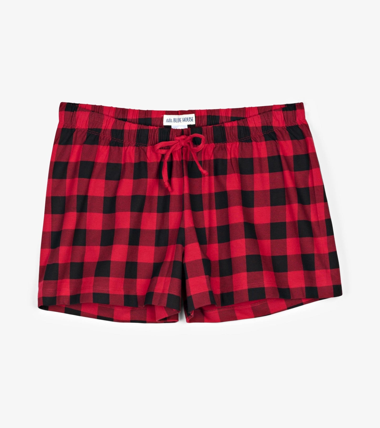 Red and black buffalo plaid cotton sleep shorts with an elastic waistband and drawstring.